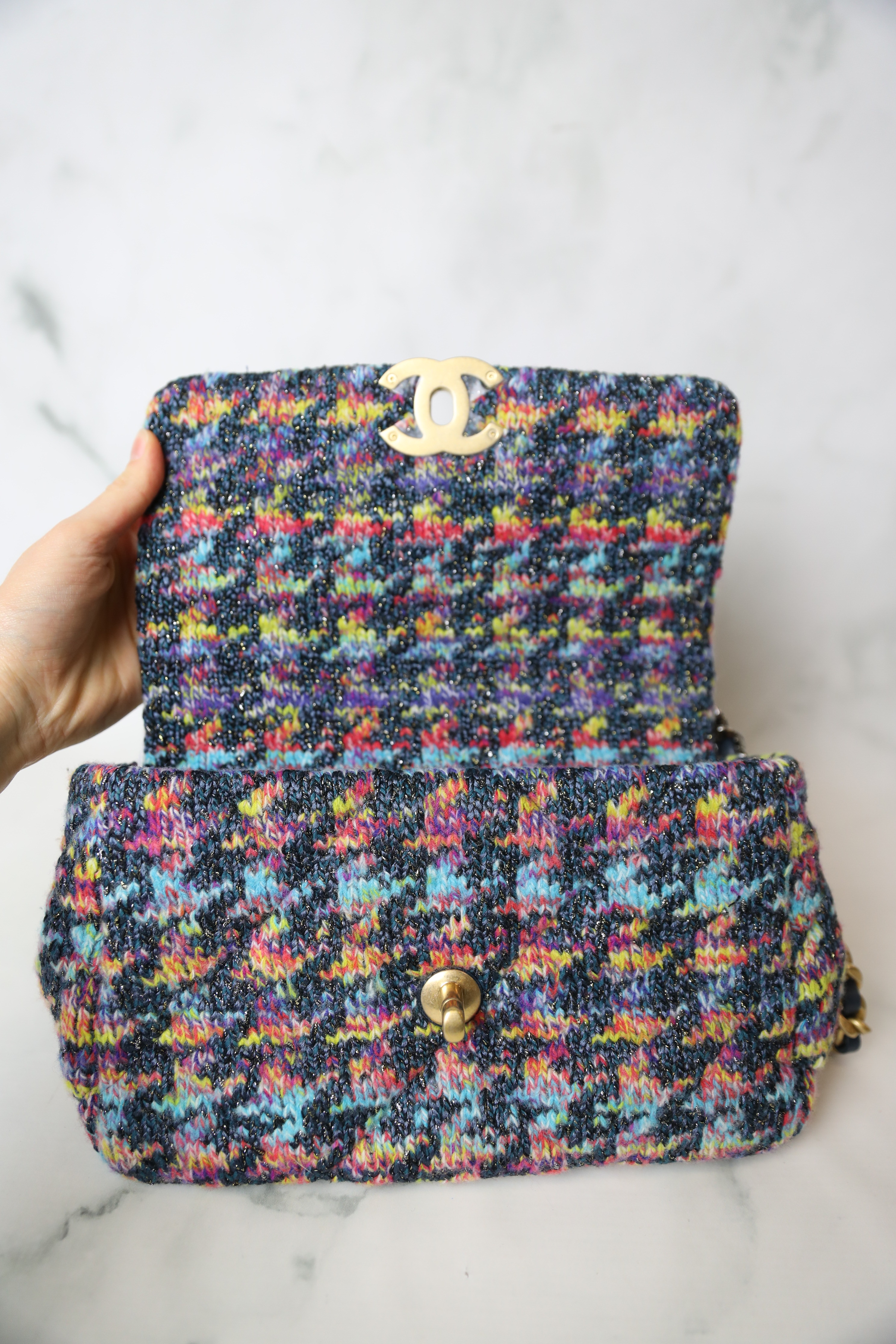 Chanel 19 Small, Rainbow Multicolor Tweed, Preowned in Box WA001