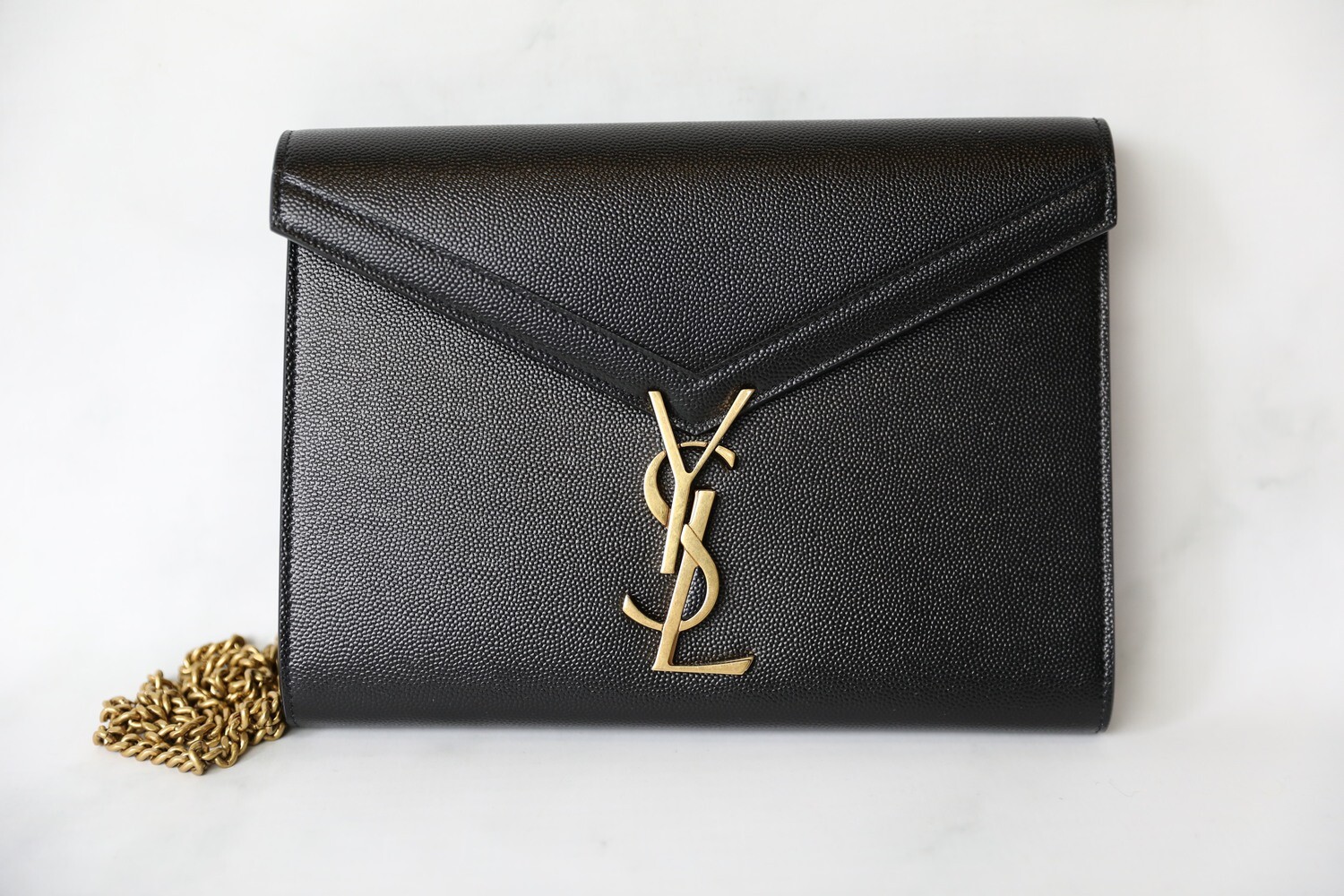 Saint Laurent Cassandra Medium Wallet on Chain, Black Pebbled Leather with Gold Hardware, New in Box WA001