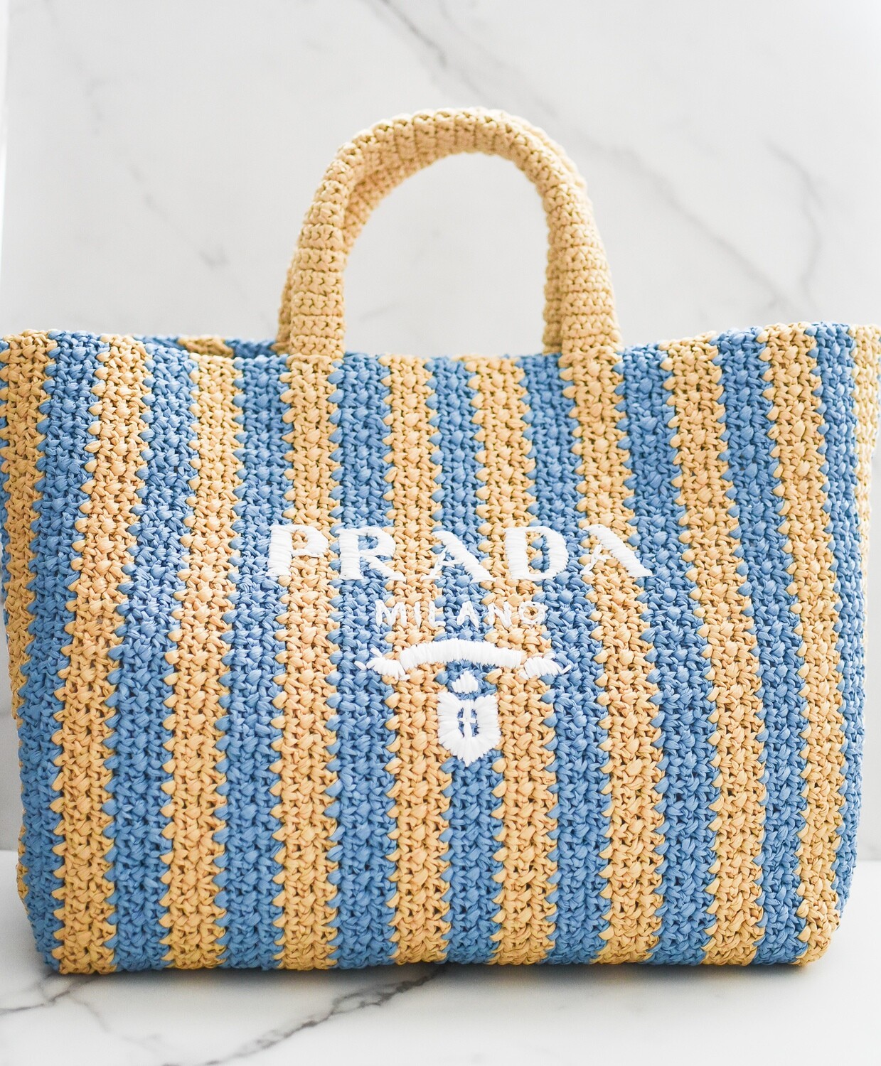 Prada Raffia Tote Bag Blue Stripe New in Dustbag GA006 Julia Rose Boston Shop