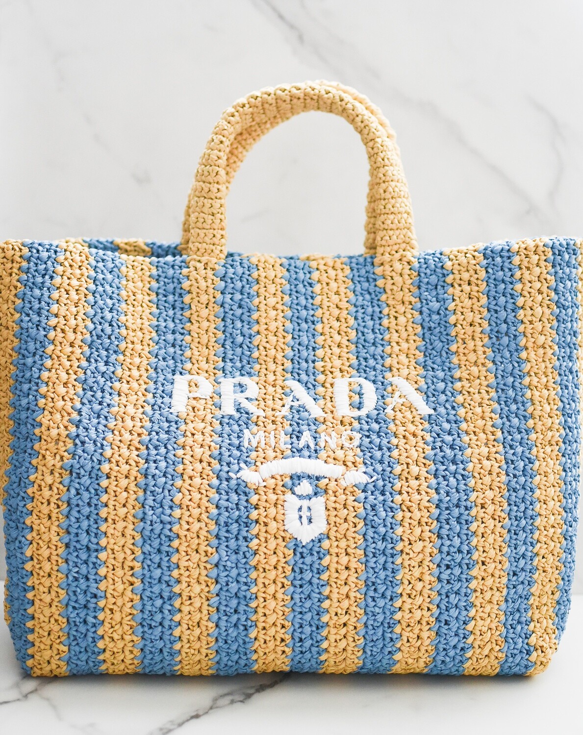 Prada Raffia Tote Bag Blue Stripe New in Dustbag GA006