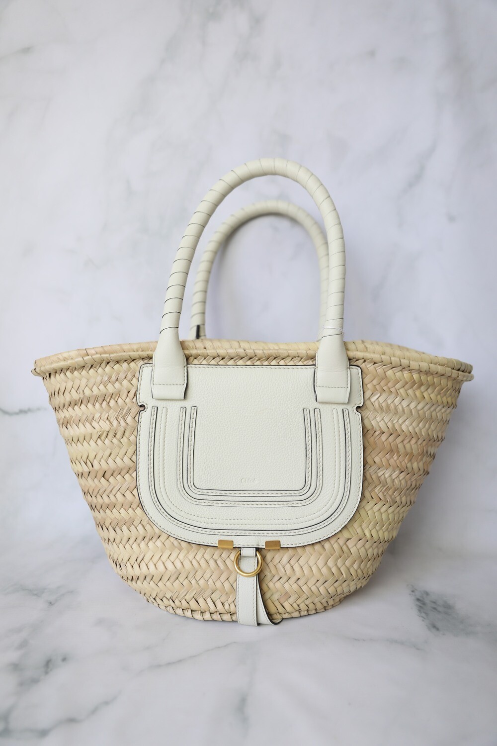 Chloe Marcie Tote, Woven Straw and White, Leather, Preowned No Dustbag WA001
