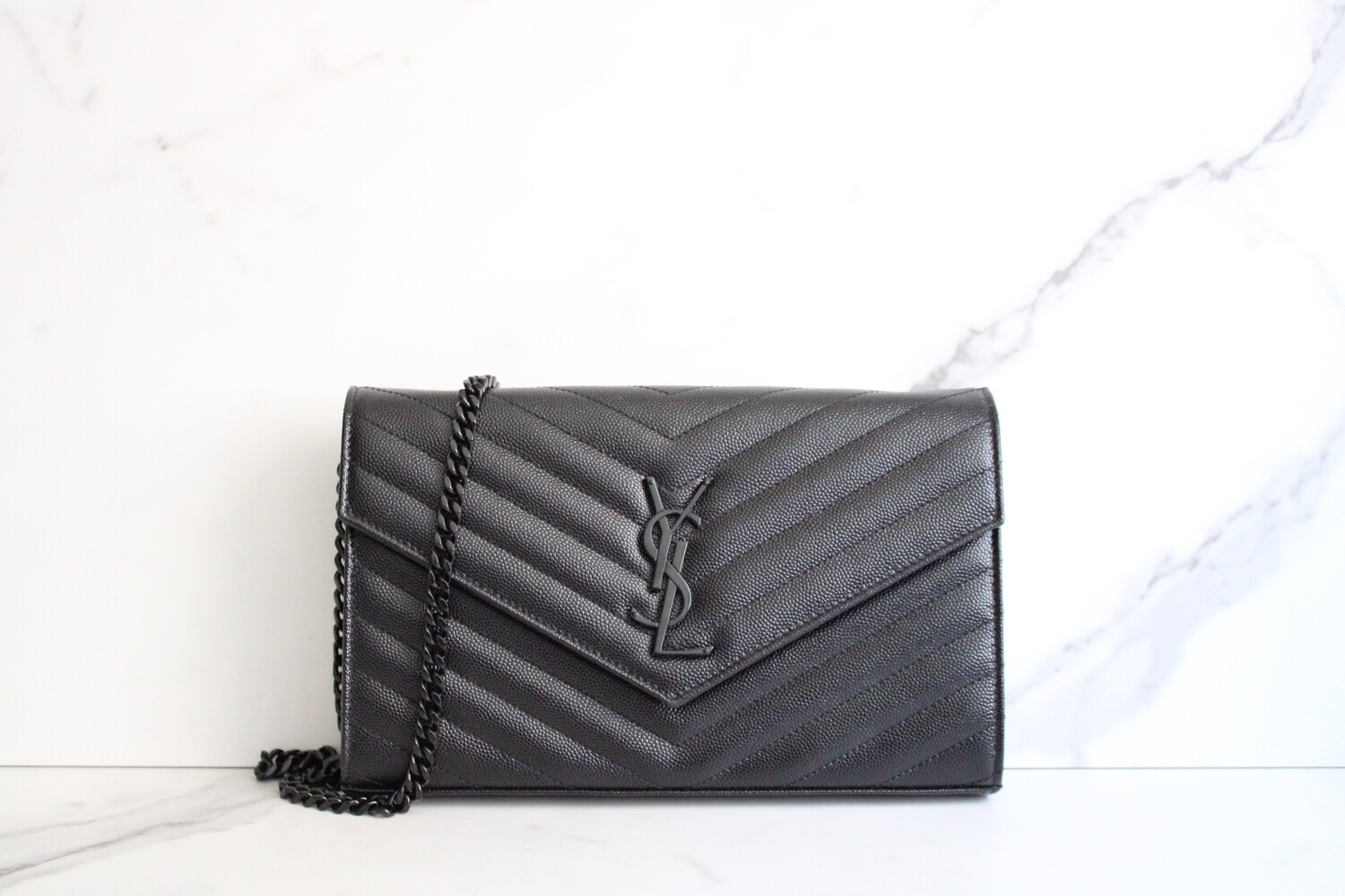 Saint Laurent Cassandre Matelasse Chain Wallet, Black with So Black Hardware, Preowned in Dustbag MA001