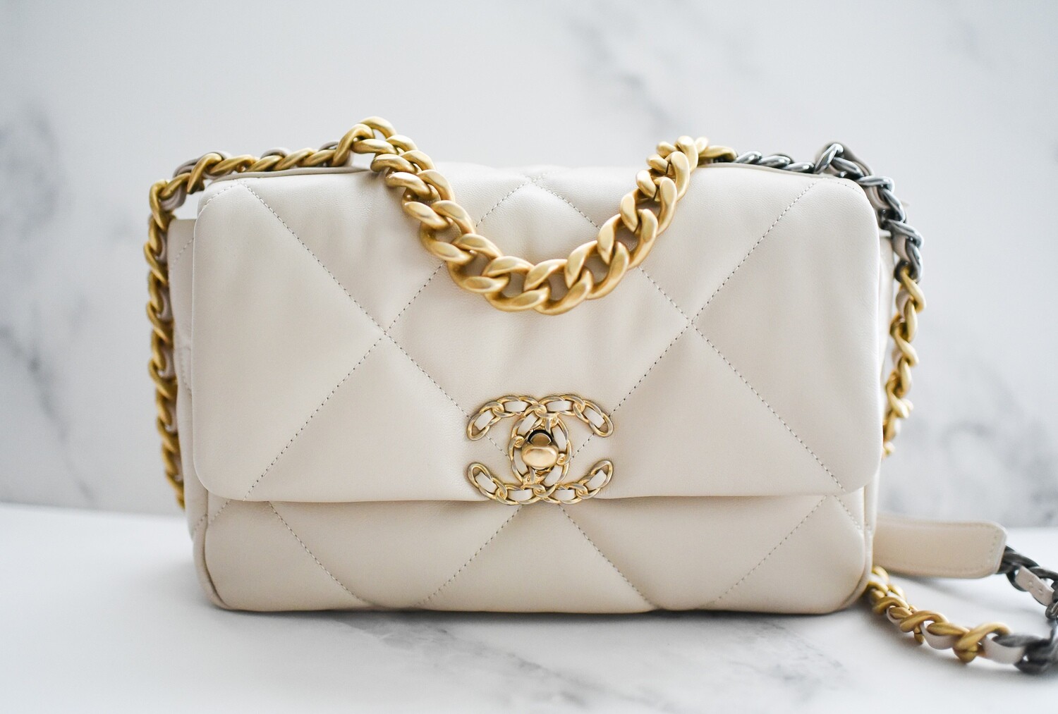 Excellent Used CHANEL 19 Small Flap Bag in Beige Goatskin Mix