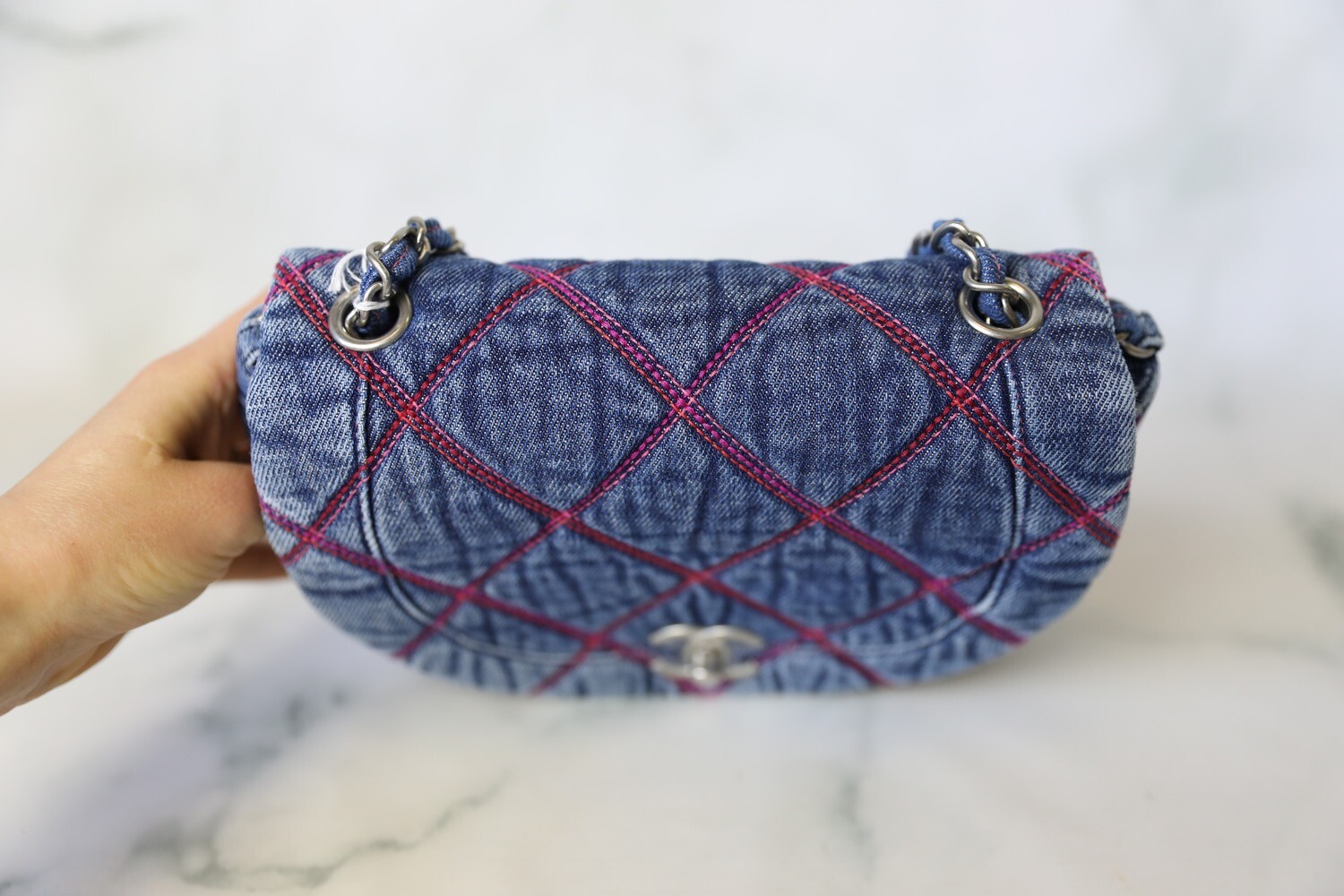 Chanel Half Circle Crossbody Flap, Denim With Pink Quilting, As New In Box  Ga006