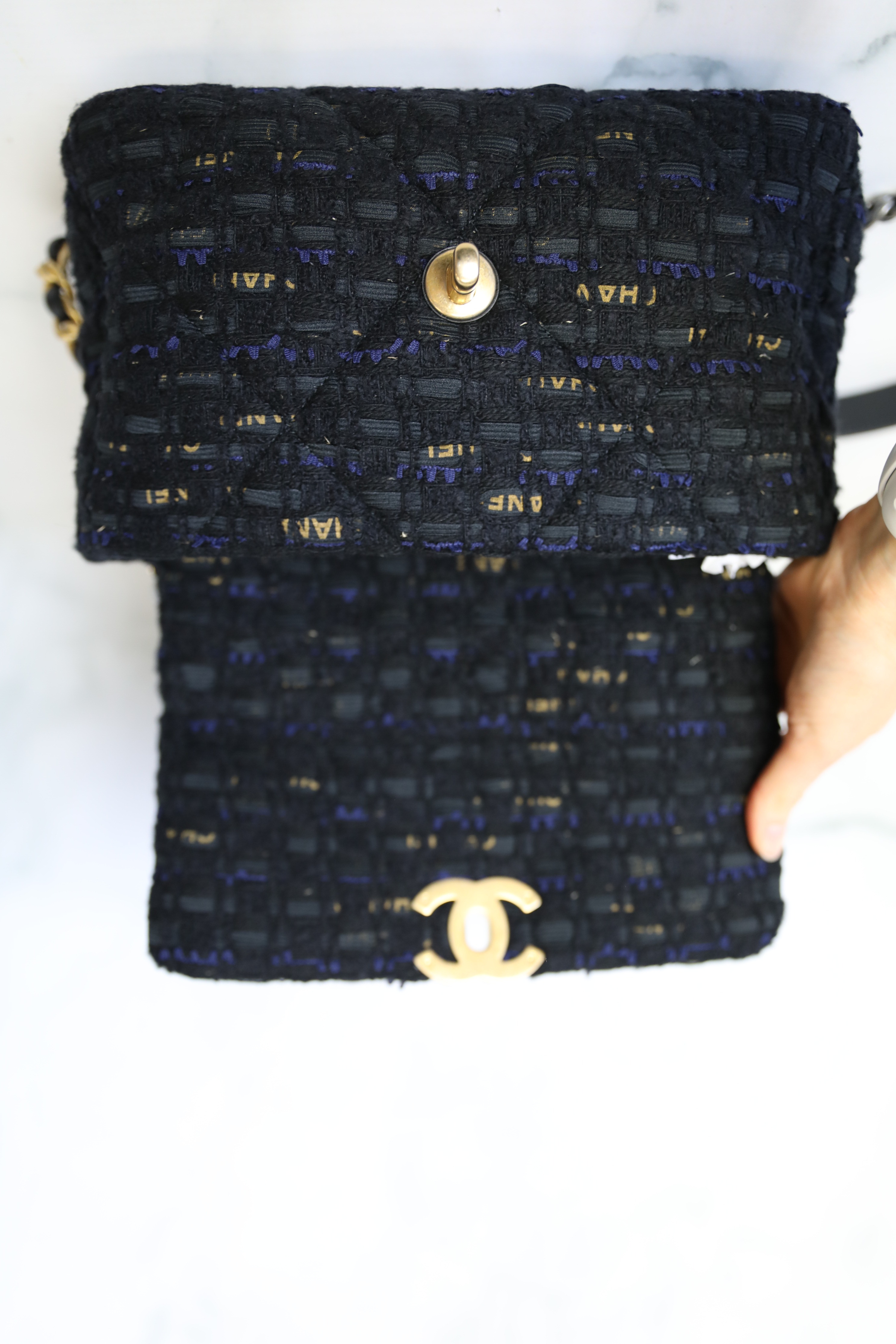 Chanel 19 Small, Navy Ribbon Tweed, Preowned in Box WA001