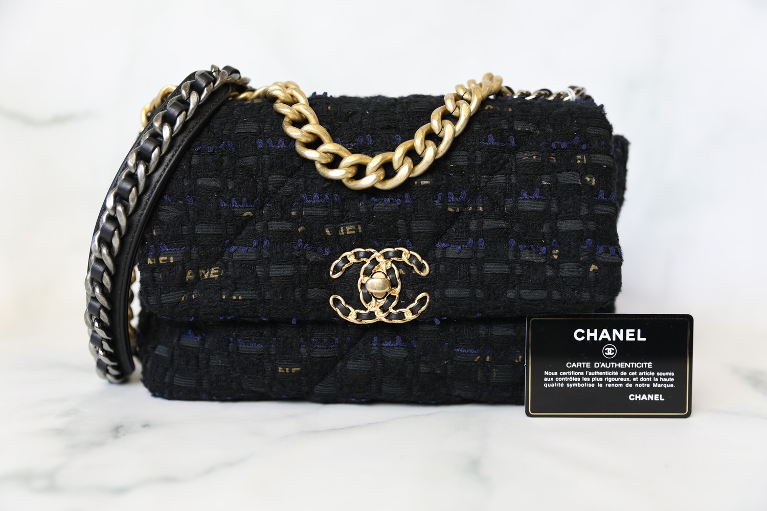 Chanel 19 Small, Navy Ribbon Tweed, Preowned in Box WA001