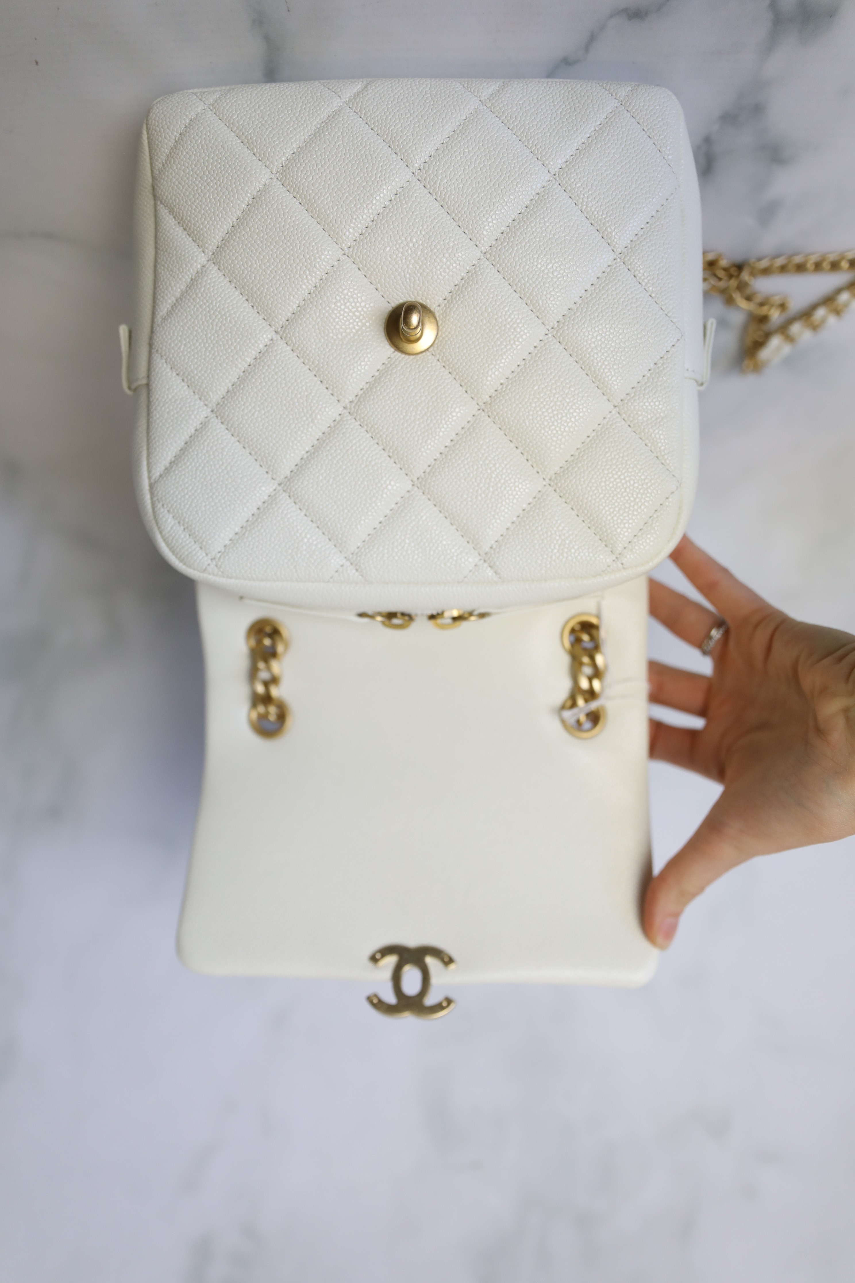 Chanel Melody Quilted Square Backpack, White Caviar with Gold Hardware,  Preowned in Box WA001