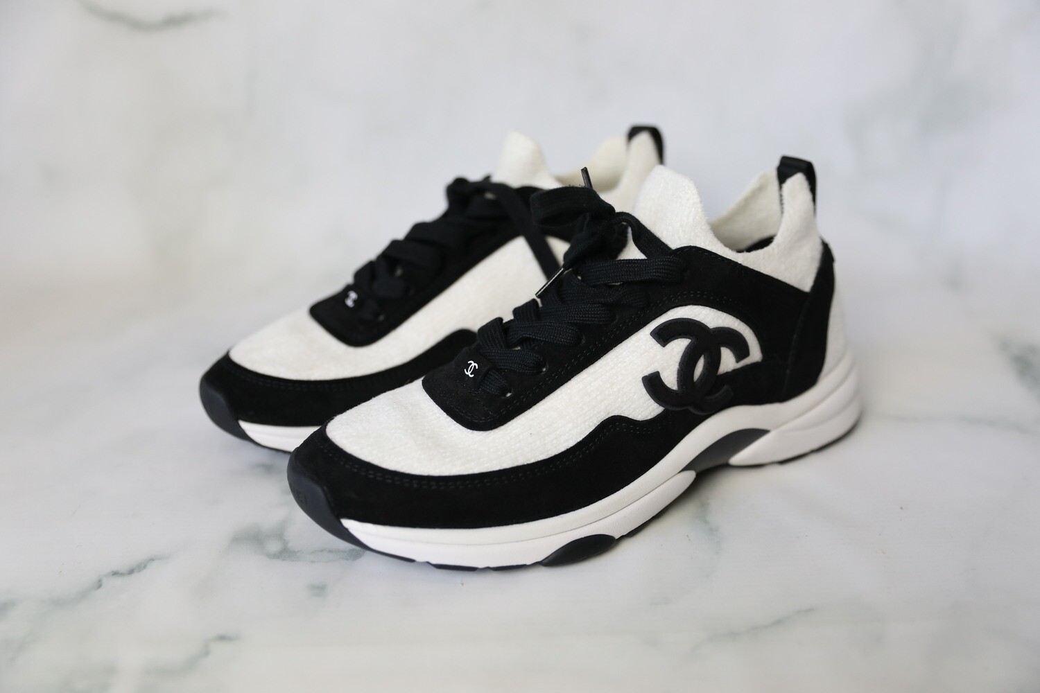 Chanel Black/White Suede and Fabric CC Sneakers Size 40