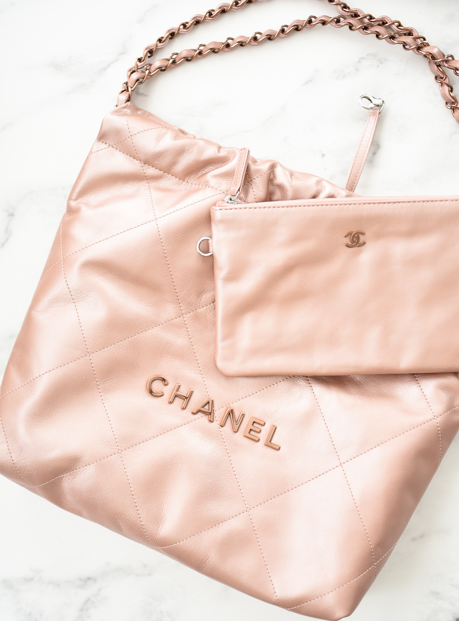 Chanel 22 Mini Quilted Hobo Tote, Rose Gold Calfskin with Gold Hardware,  New in Box MA001