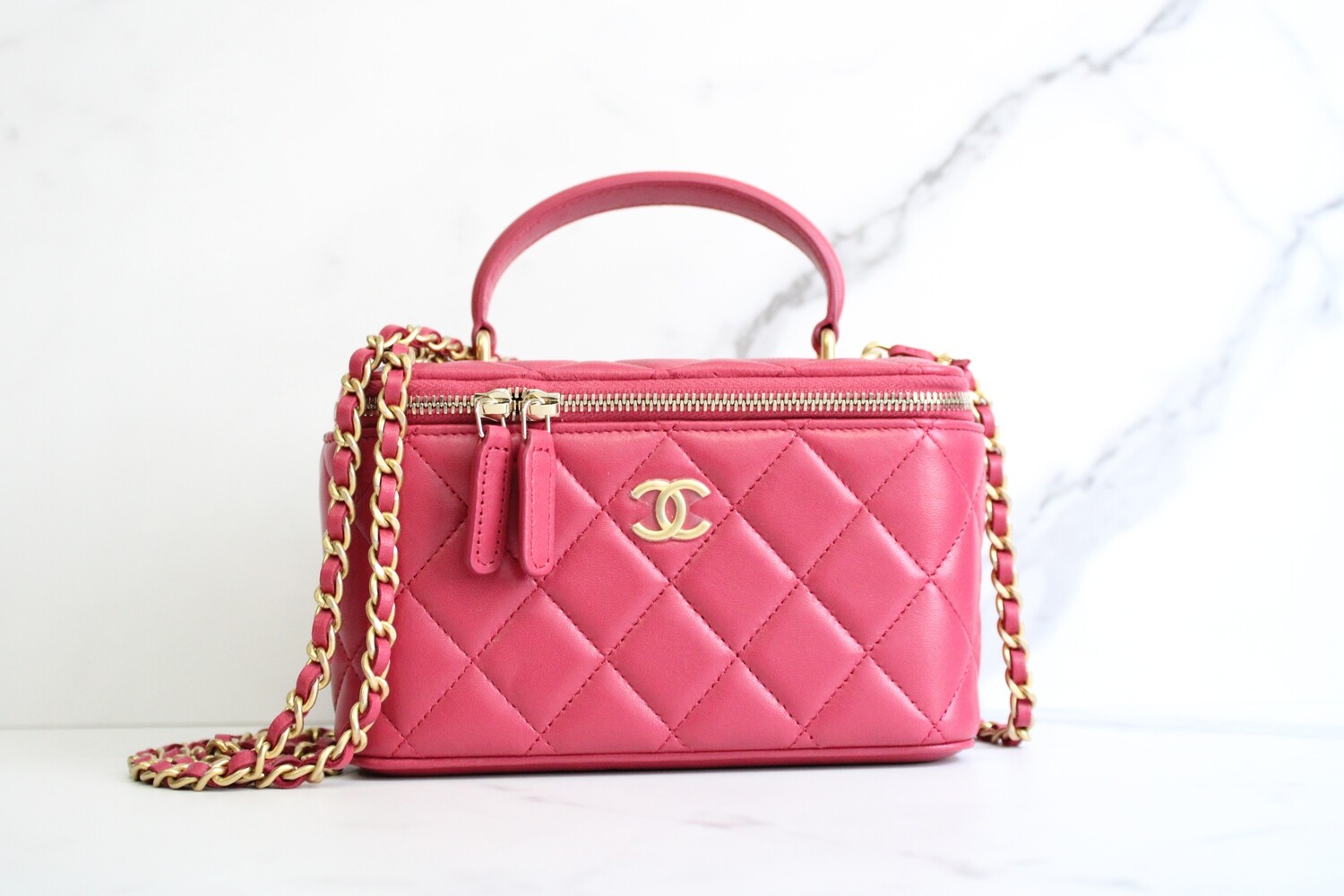 Chanel Vanity Rectangle with Top Handle, 21A Dark Pink Lambskin Leather,  Gold Hardware, New in Box MA001