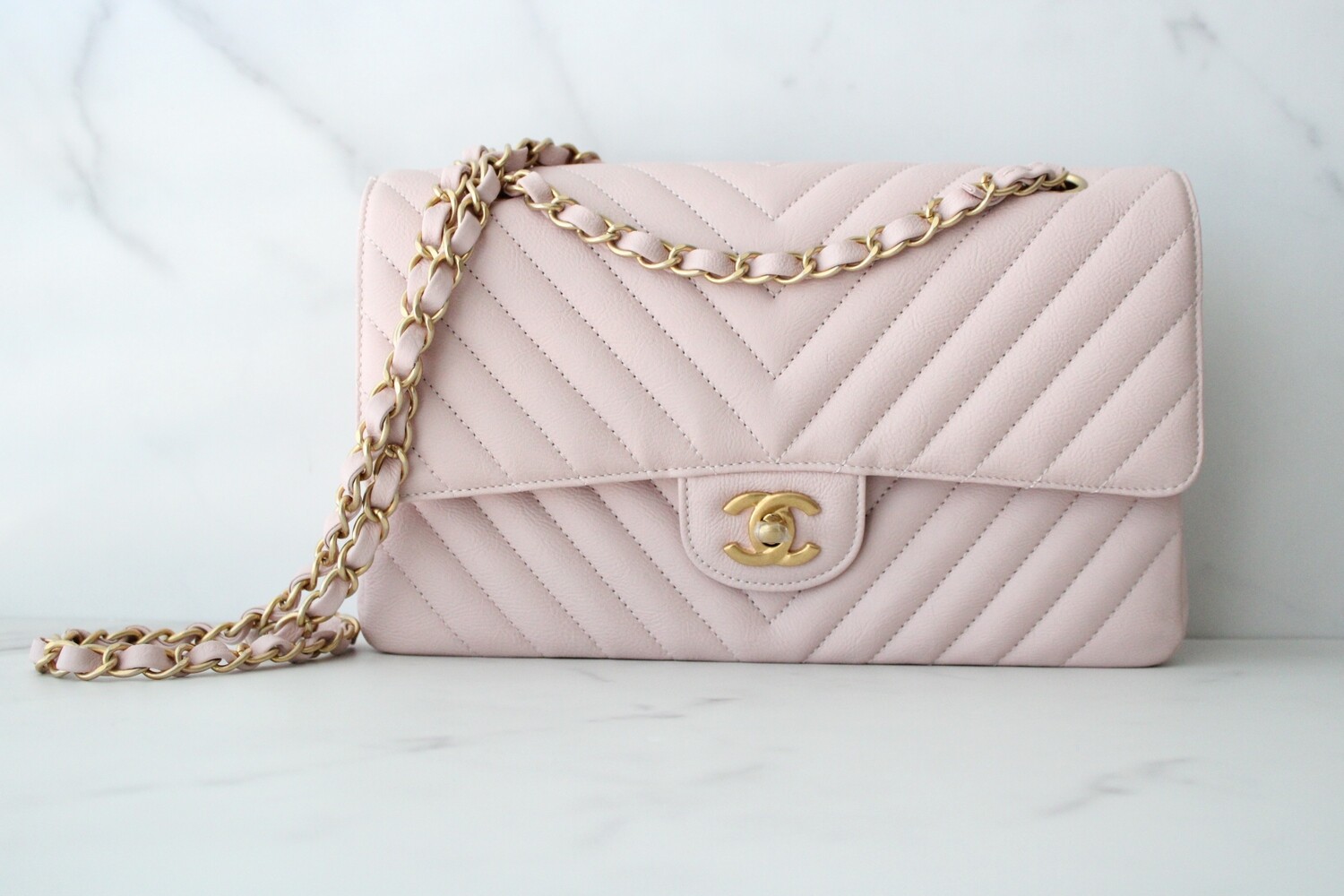 Chanel Classic Medium Double Flap, 17c Light Pink Calfskin Leather, Brushed  Gold Hardware, Preowned in Dustbag