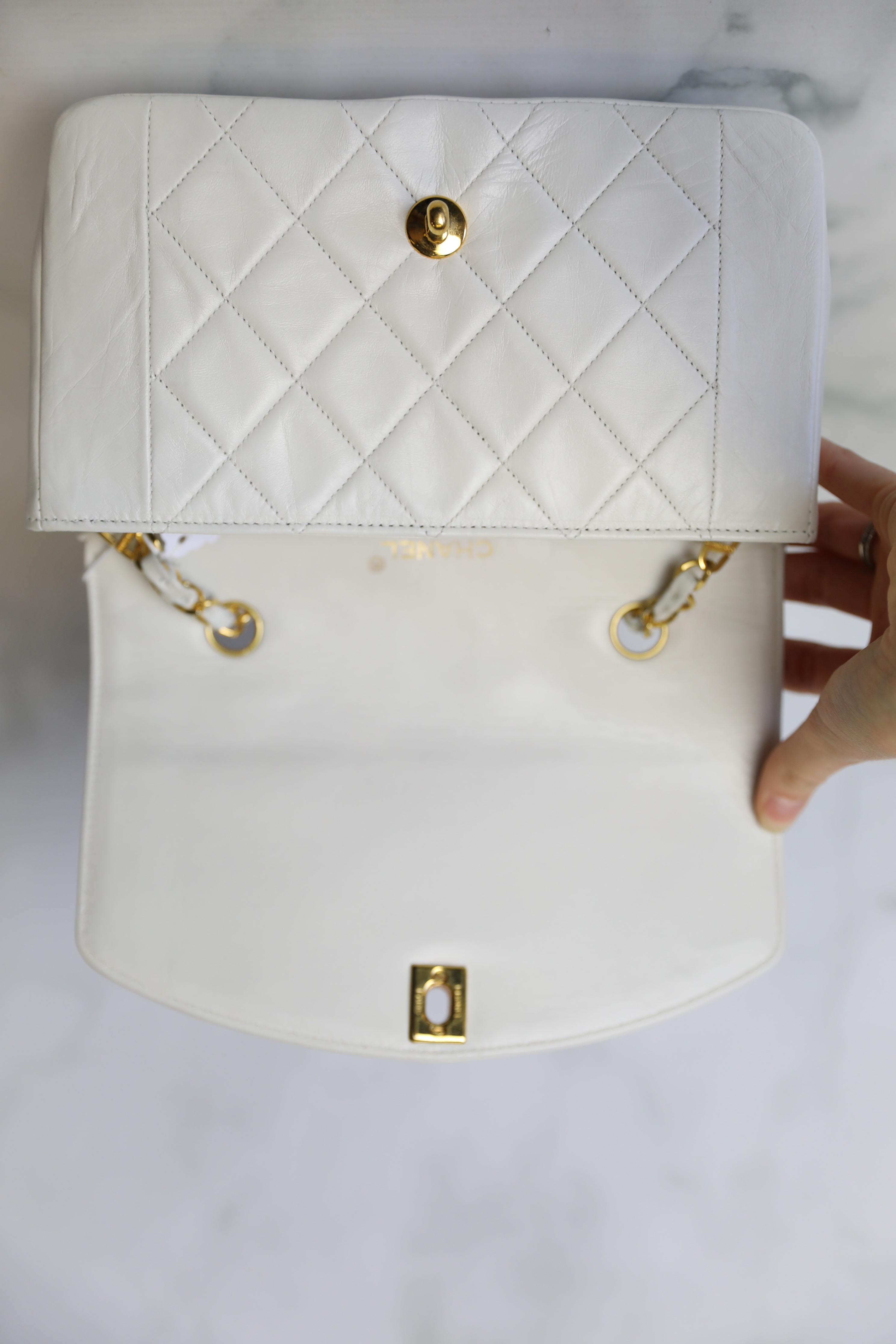 Chanel Diana, White Lambskin with Gold Hardware, Preowned In Dustbag WA001  - Julia Rose Boston