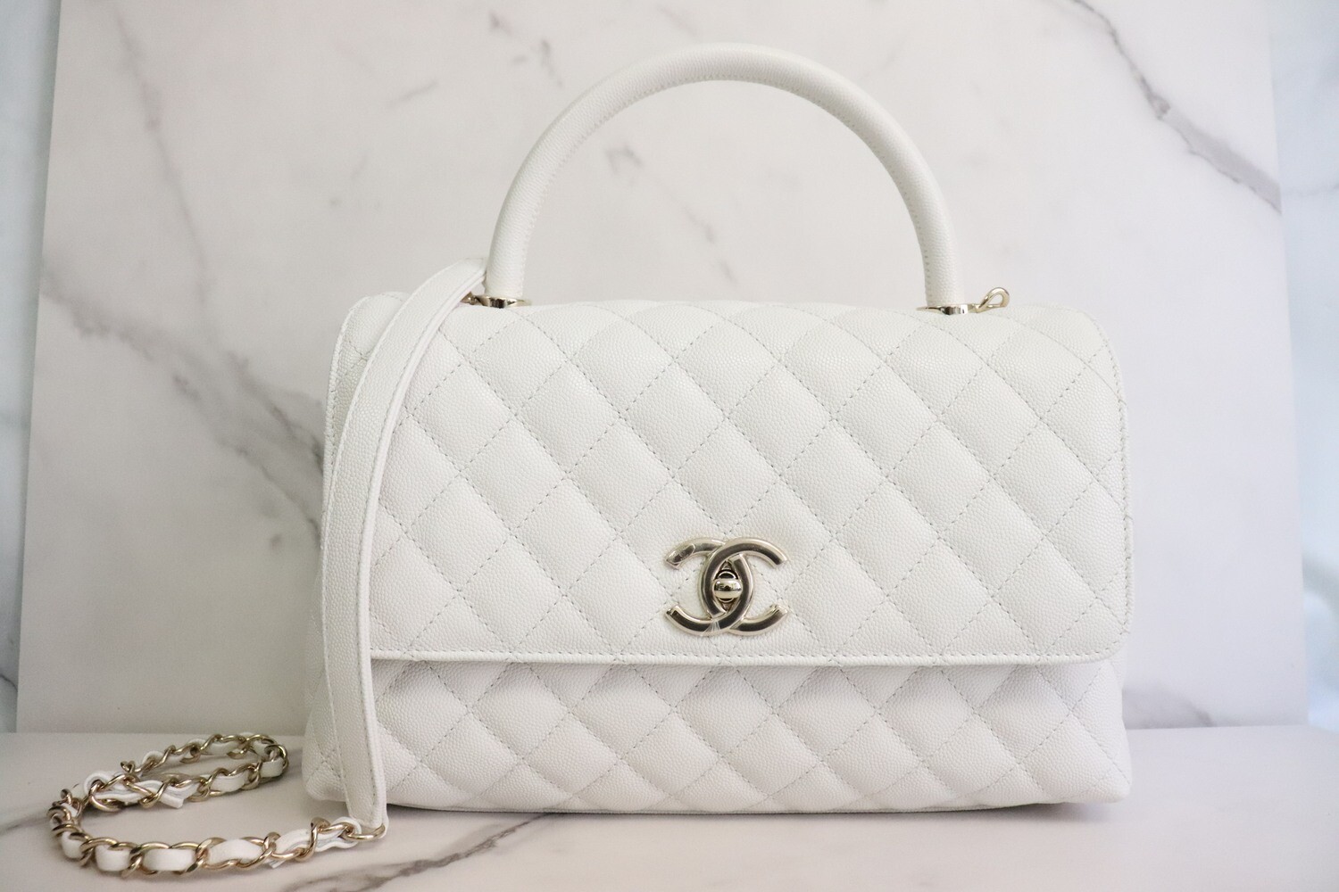 Chanel Coco Handle, Large, White Caviar Leather, Gold Hardware, Like New in Box MA001