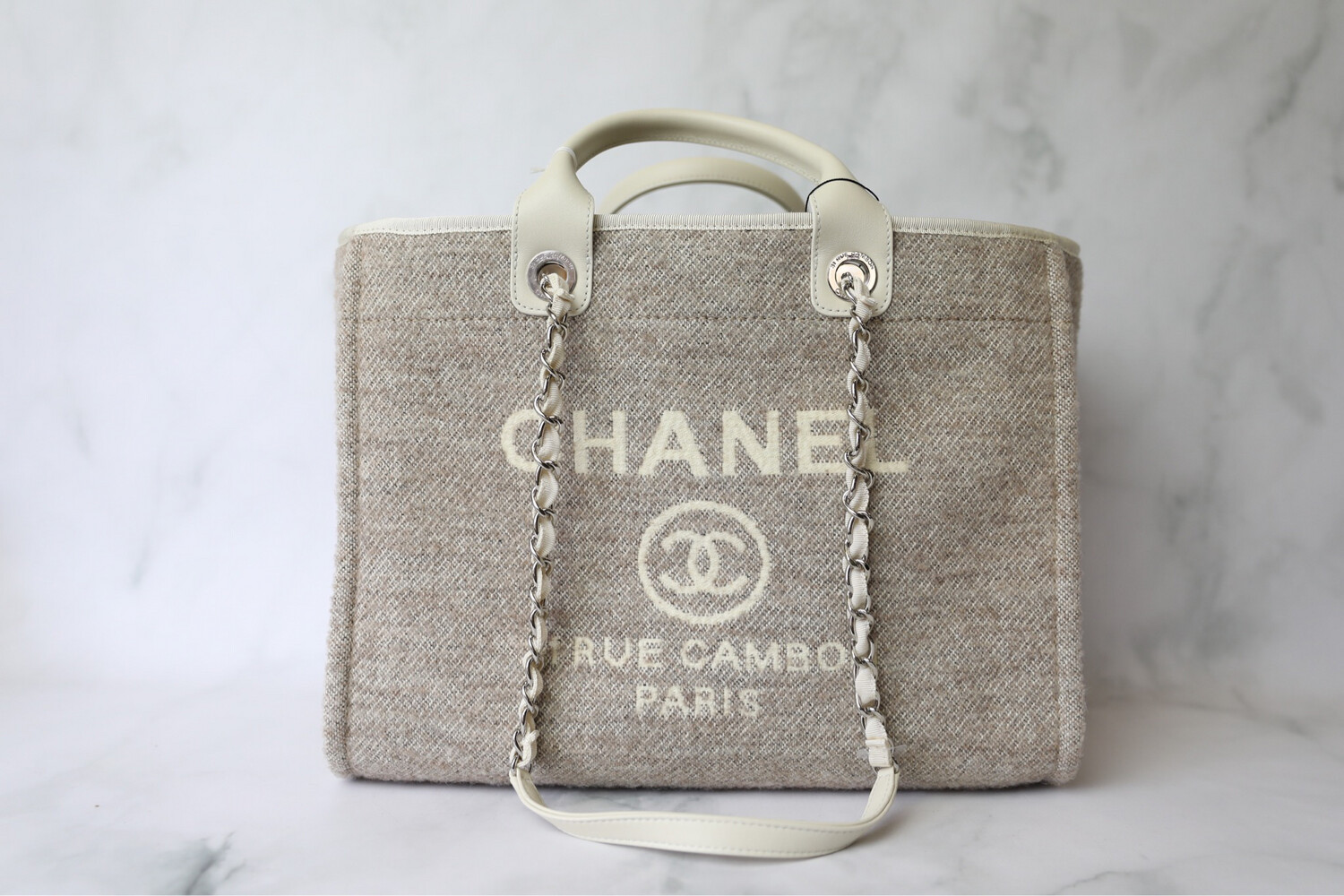 Chanel Deauville Large, Beige Wool with White Leather and Silver Hardware, New in Box WA001