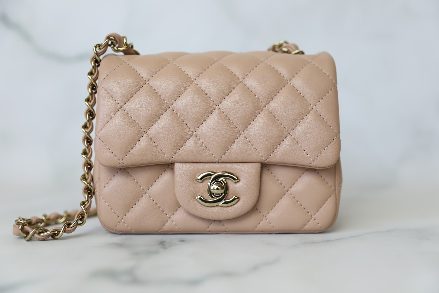 Chanel Classic Mini Square, Beige Lambskin with Gold Hardware, Preowned in  Box WA001