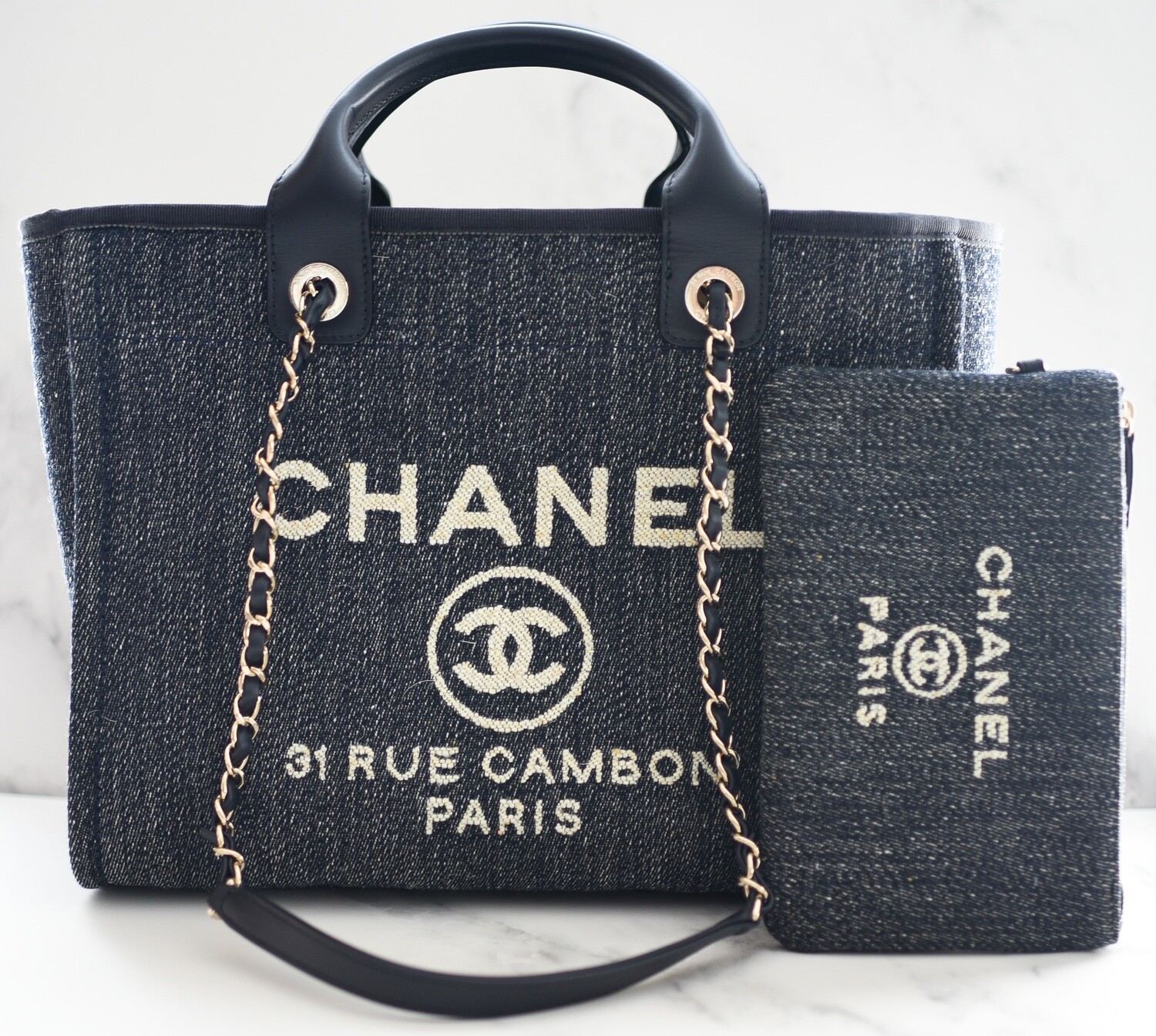 Chanel Deauville Small With Handles And Pouch, Dark Blue Denim With Gold  Hardware, New In Dustbag Ga006 - Julia Rose Boston | Shop