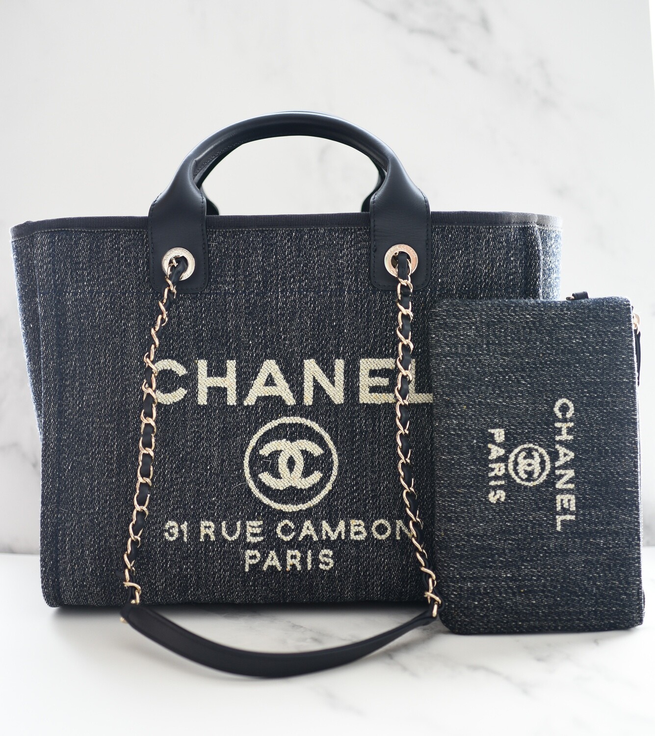 Chanel Deauville Small with Handles and Pouch, Dark Blue Denim with Gold  Hardware, New in Dustbag