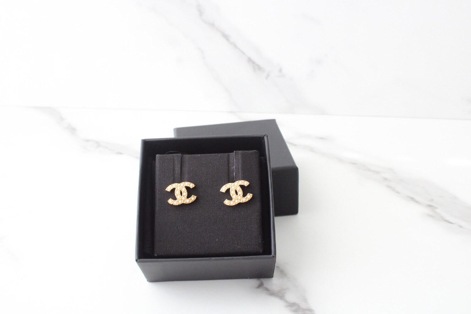 Chanel Earrings Studs, 22A Pearls, Gold Hardware, New in Box