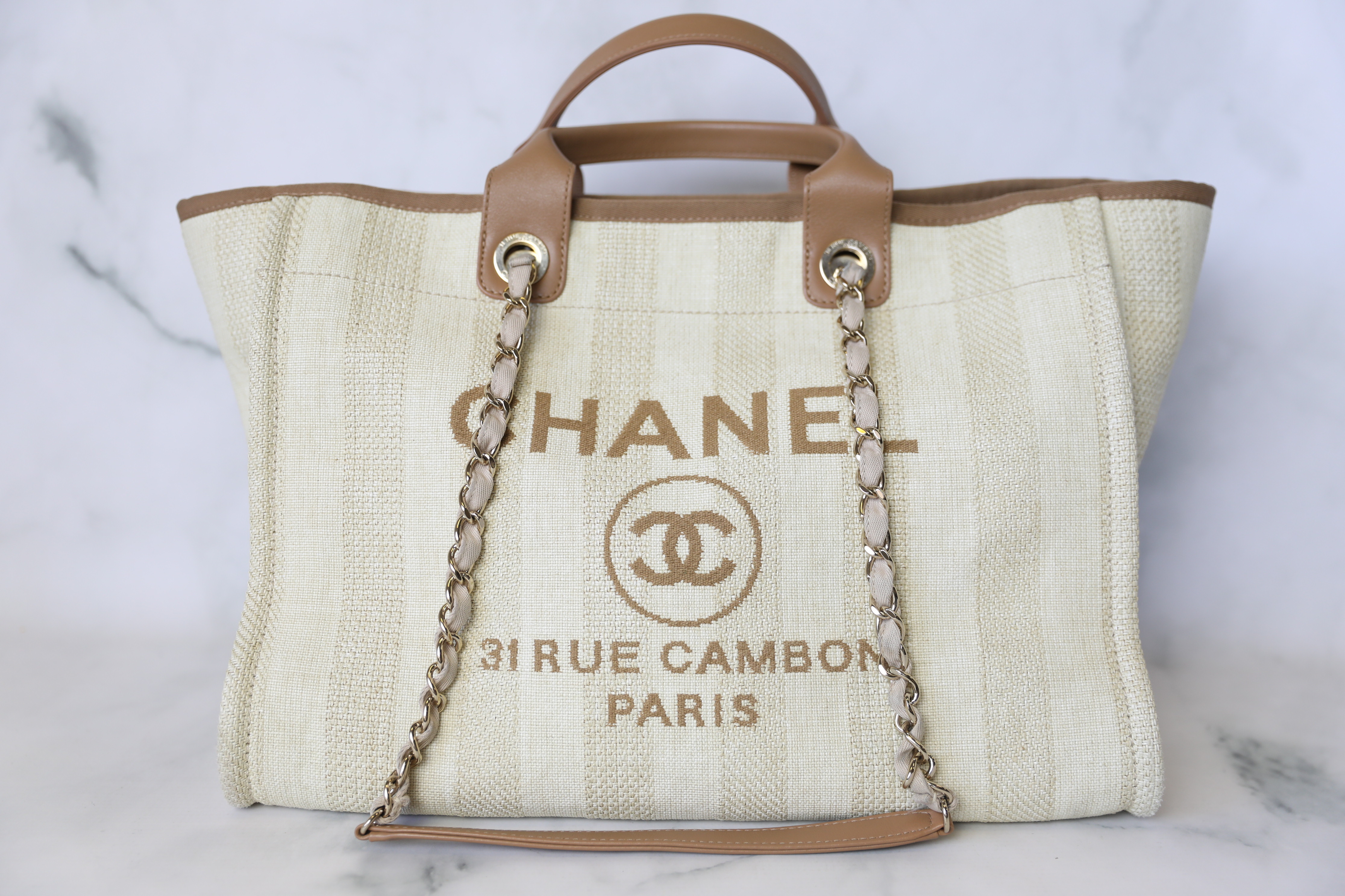 Chanel Deauville Large, Beige and Tan Striped Canvas with Gold Hardware,  Preowned No Dustbag WA001