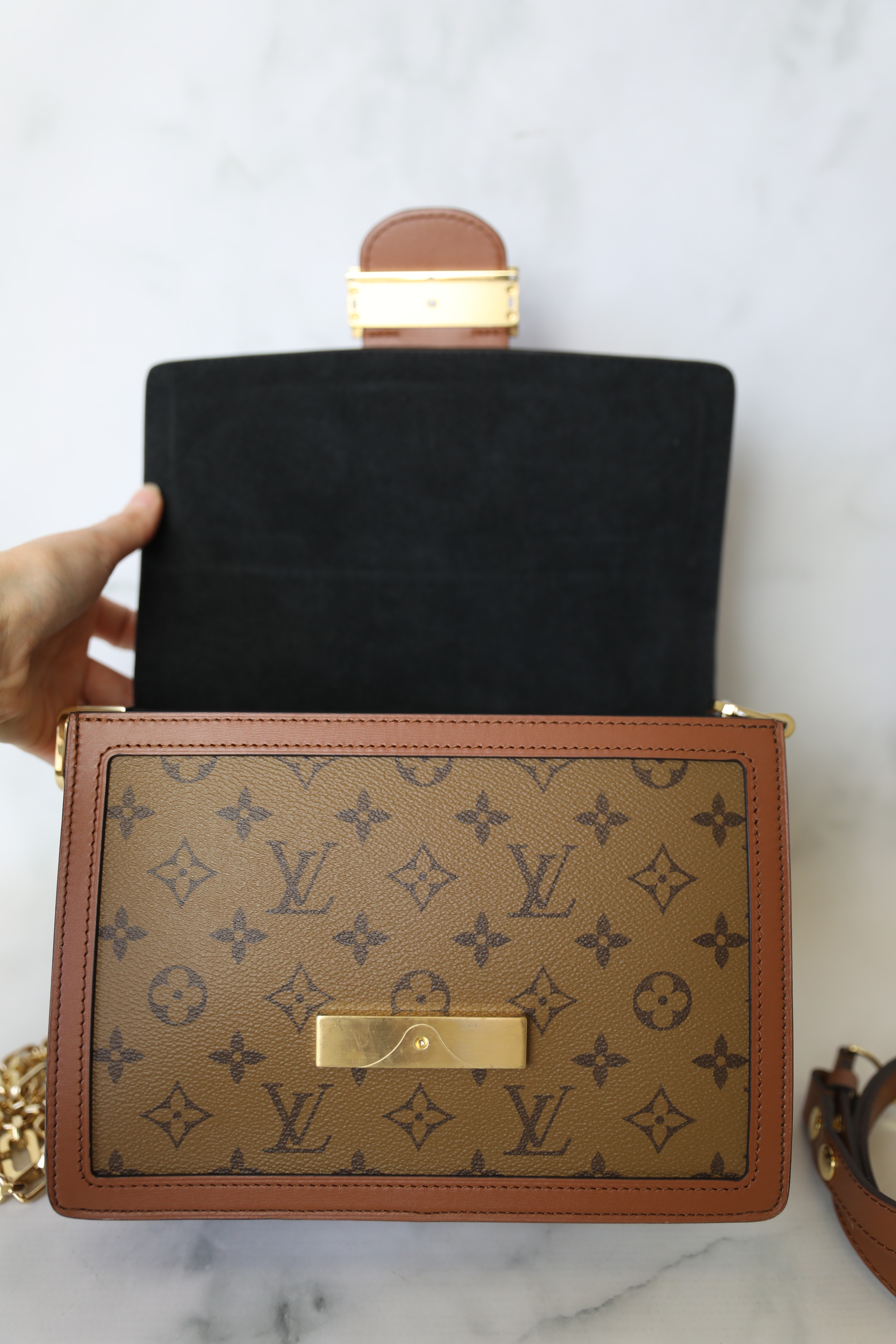 Louis Vuitton Dauphine MM, Reverse Monogram and Brown Leather With Gold  Hardware, Preowned In Box, WA001