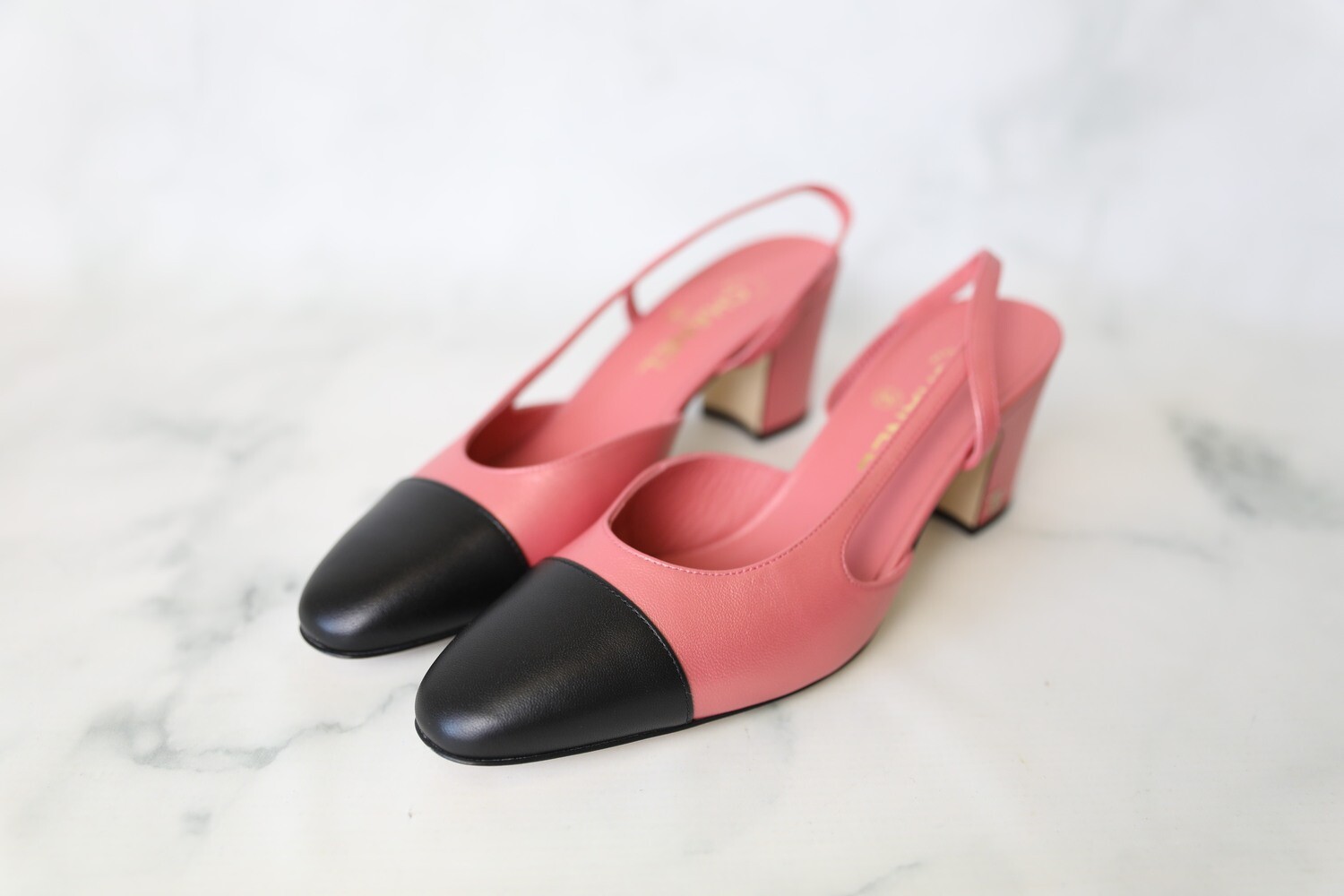 Chanel Slingback Pumps, Mid Heel, Pink and Black. Size 39.5, New