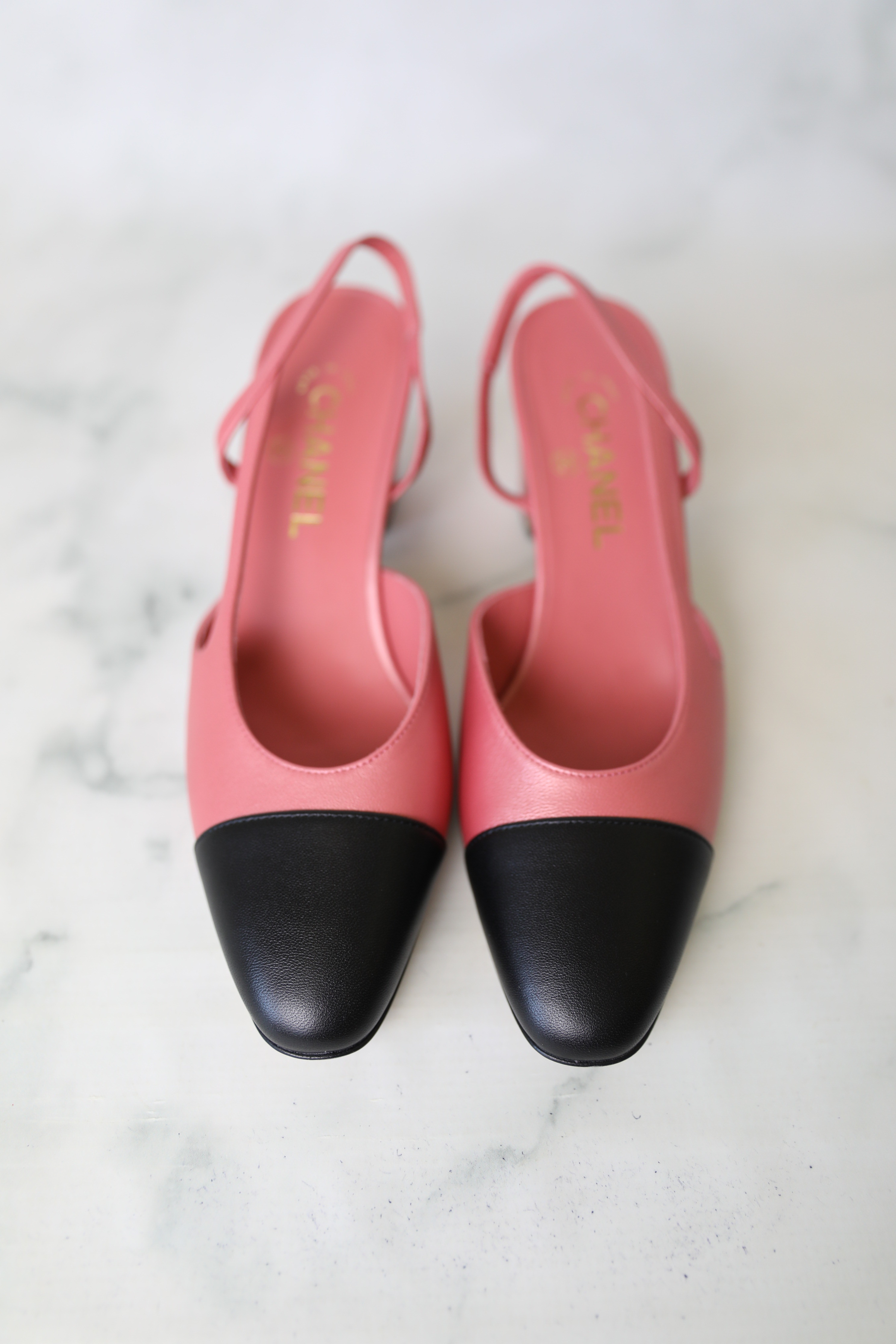 Chanel Slingback Pumps, Mid Heel, Pink and Black. Size 39.5, New