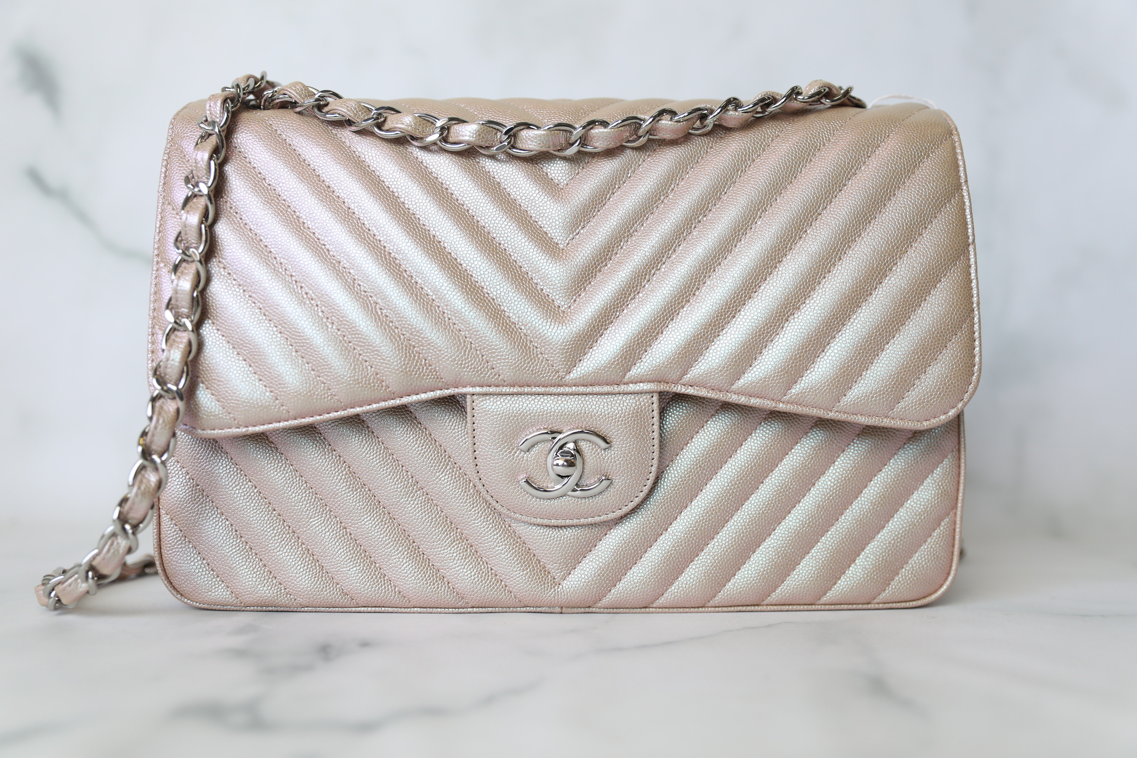 Chanel Classic Jumbo, 17B Iridescent Rose Gold Caviar with Silver Hardware,  As New in Box WA001