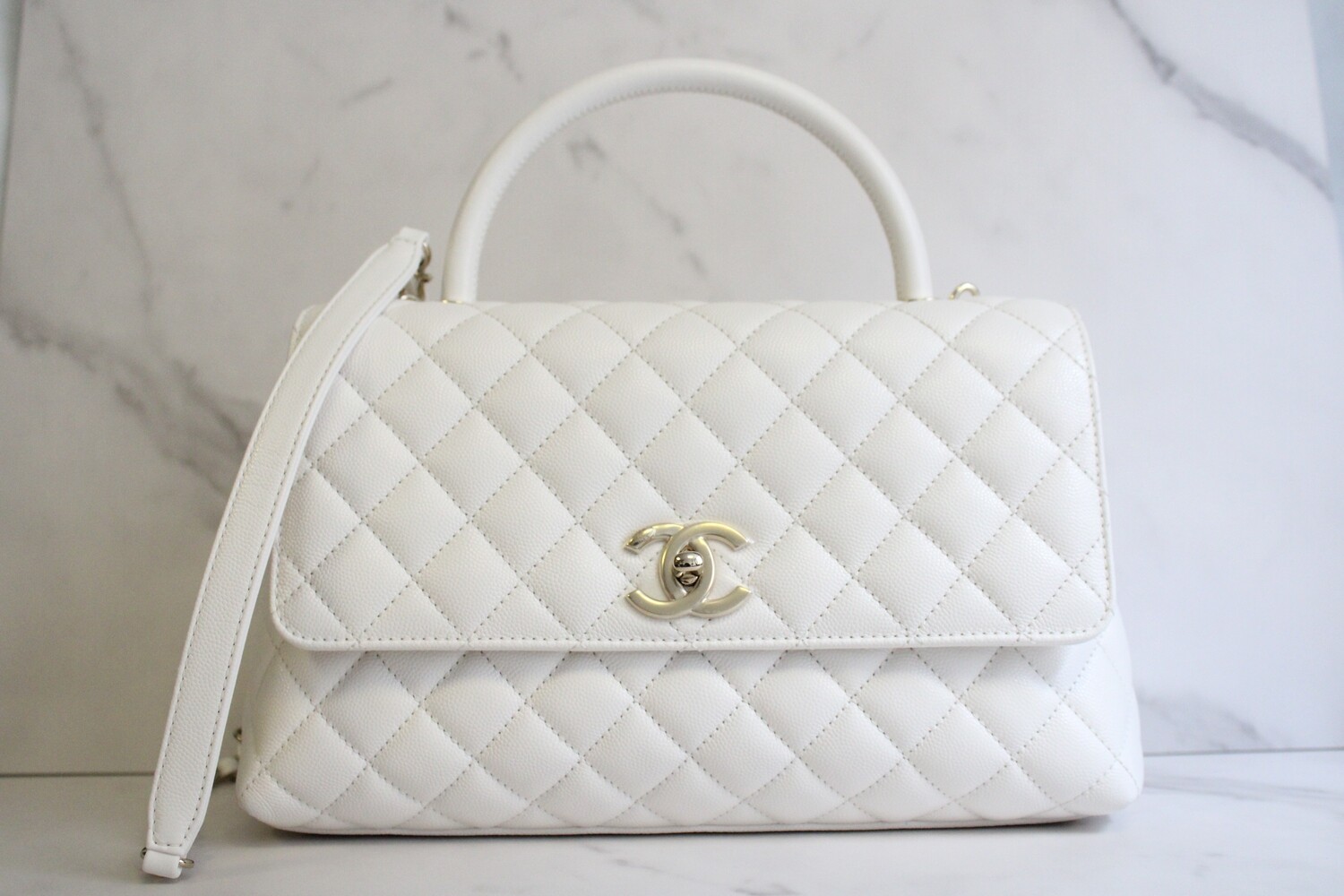 Chanel Medium Coco Handle, White Caviar with Lightgold Hardware, New in Box MA001