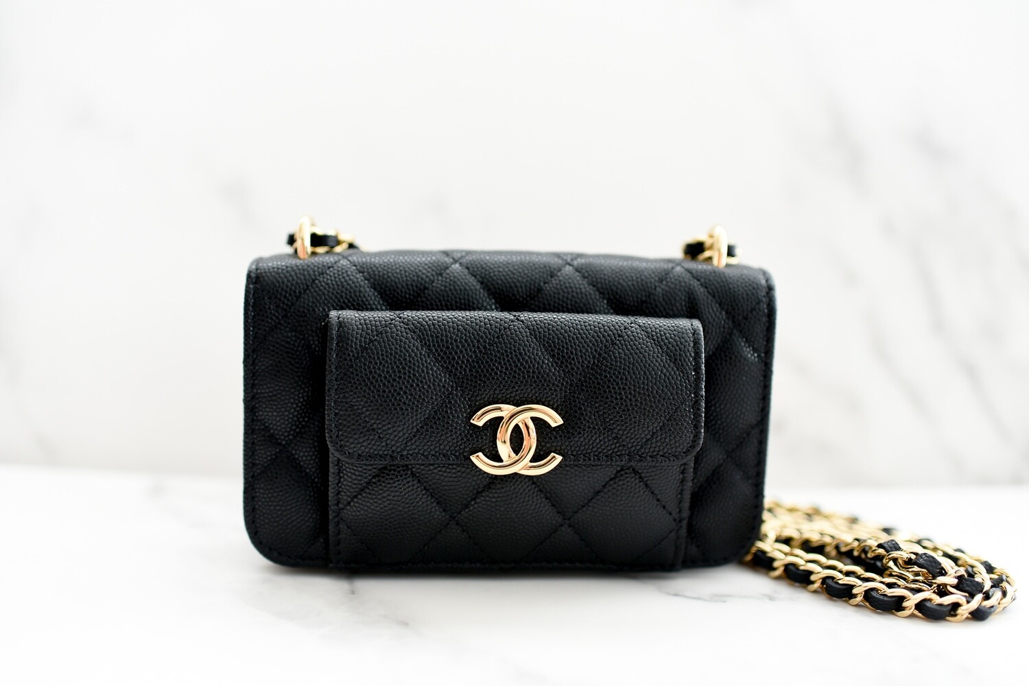 Chanel Clutch with Chain with Front Pocket, Black Caviar Leather with Gold  hardware, New in Box GA001