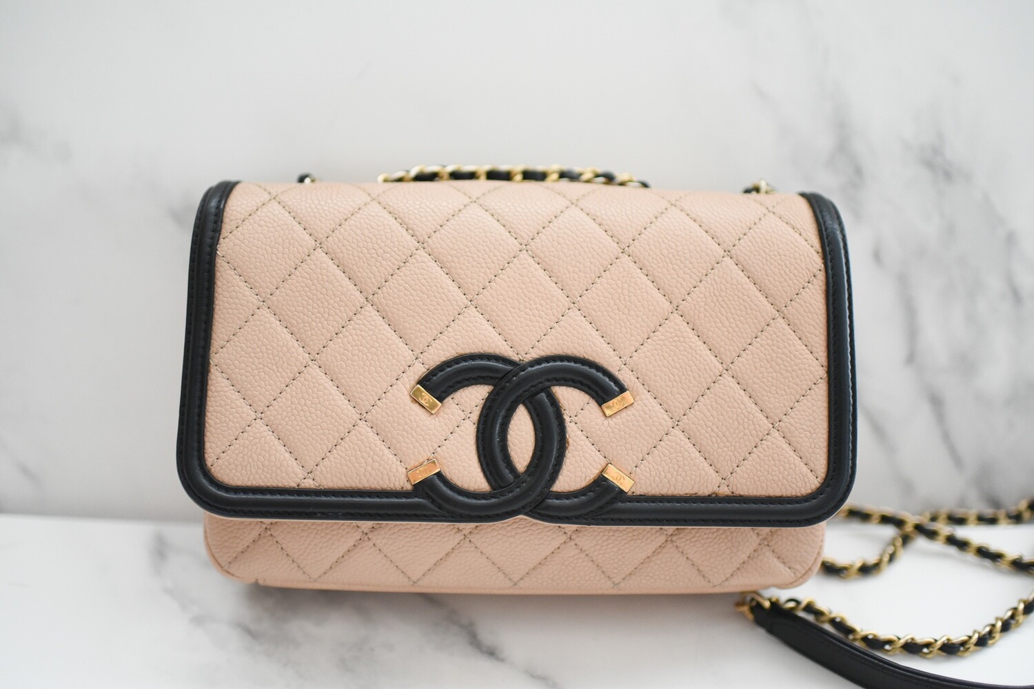Chanel Filigree Small Flap, Beige Caviar and Black Trim, Preowned in Dustbag GA002