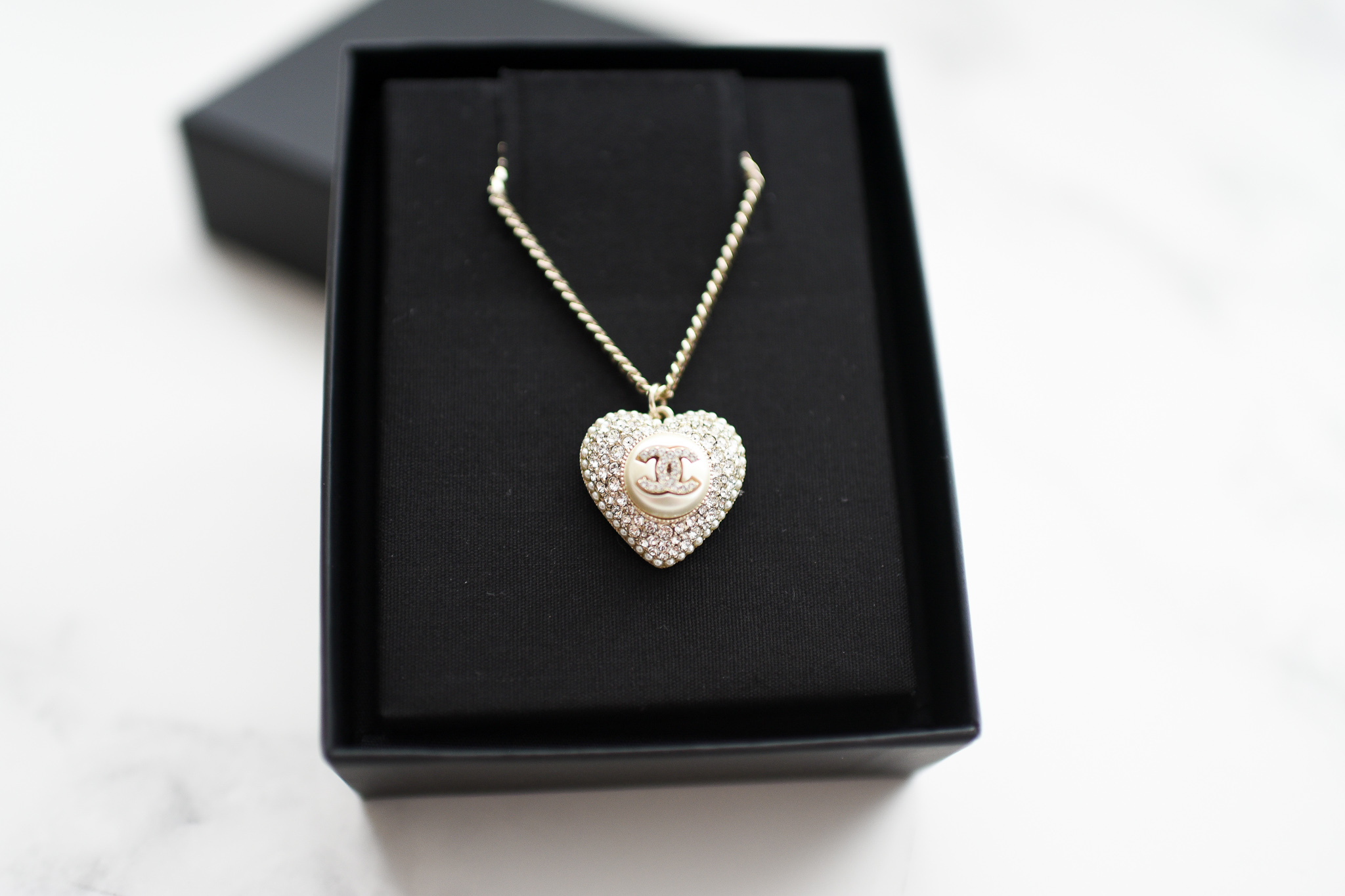 Chanel CC Heart Necklace in Gold with Pearl and Rhinstones, New in Box GA002