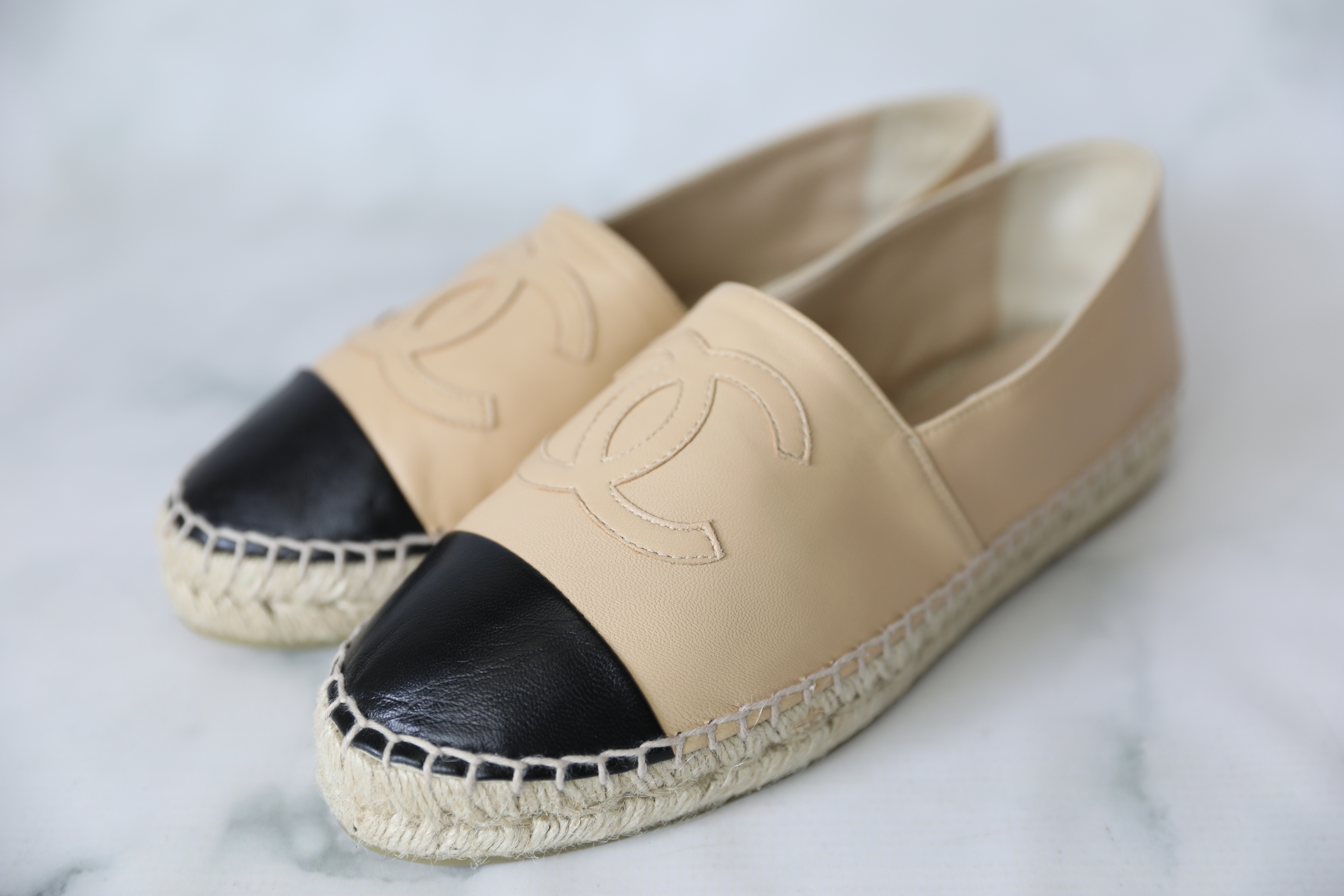 Chanel Espadrilles, Beige and Black Leather, Size 37, New no Dustbag WA001