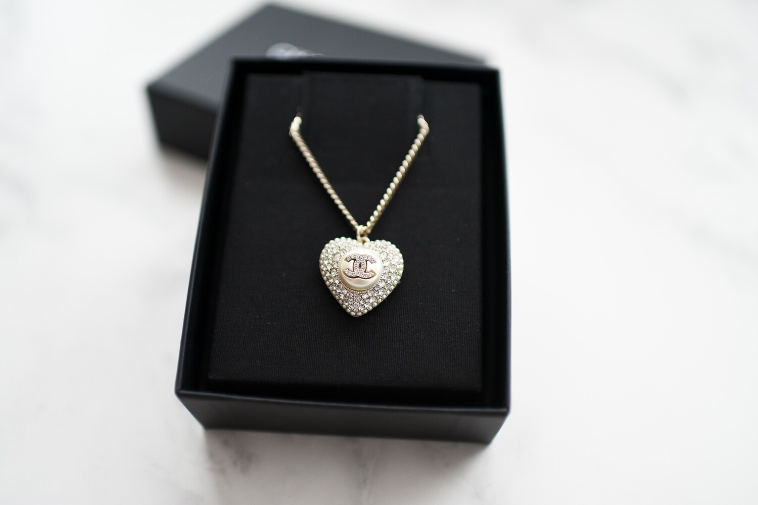 Chanel CC Heart Necklace in Gold with Pearl and Rhinstones, New in Box  GA002 - Julia Rose Boston