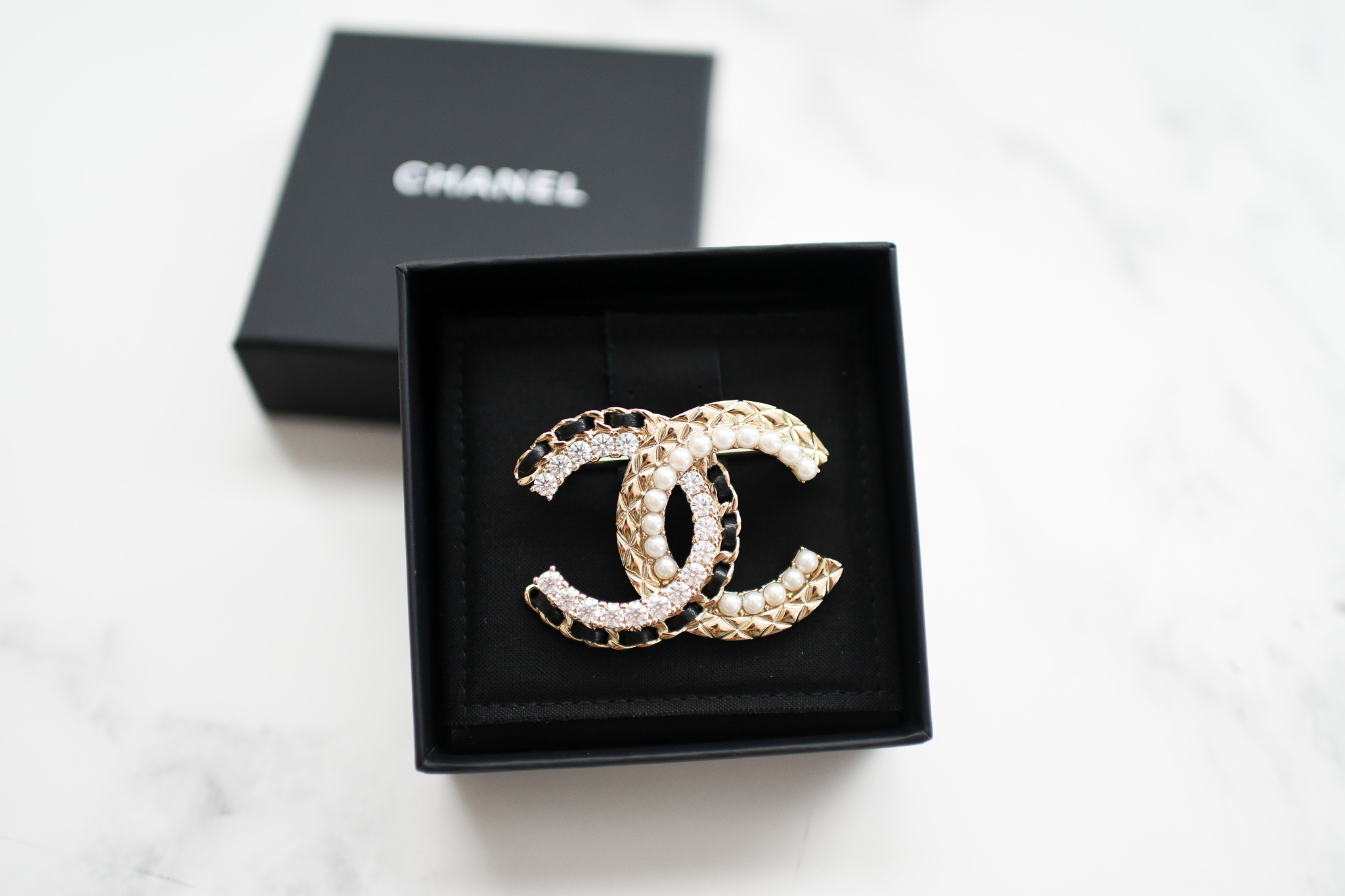 Chanel CC Large Brooch with Pearl, Crystals and Black Leather, Gold  Hardware, New in Box GA002