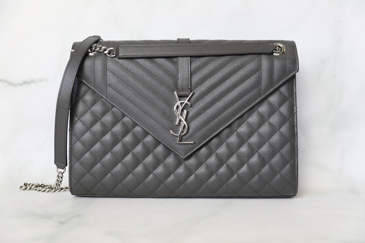 Saint Laurent Envelope Large, Grey Pebbled Leather with Silver Hardware, Preowned in Dustbag WA001