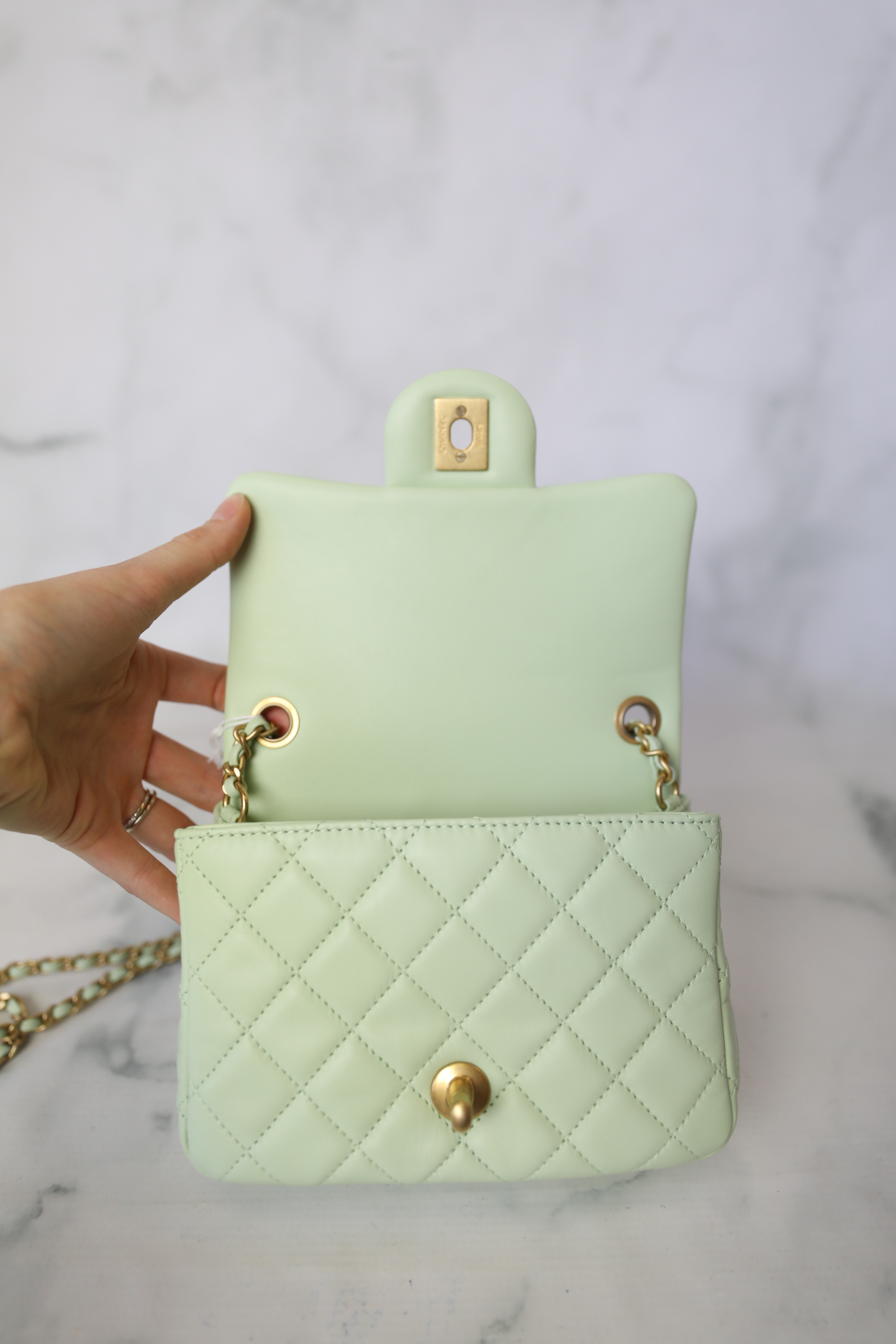 Chanel Coco Pearl Crush Square Mini, Green Lambskin with Gold Hardware, New  in Box WA001