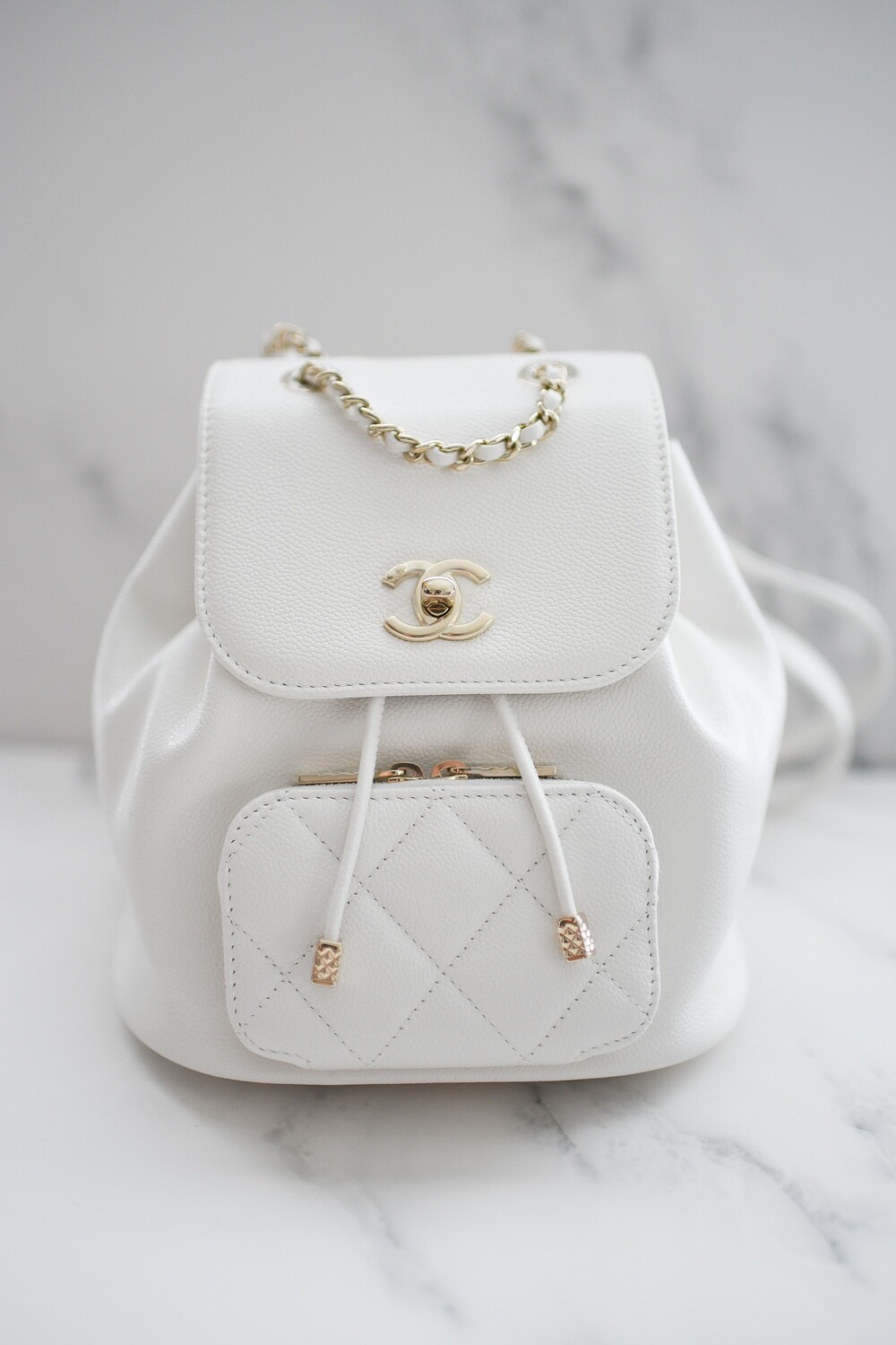 Chanel Business Affinity Drawstring Backpack, White Caviar Leather