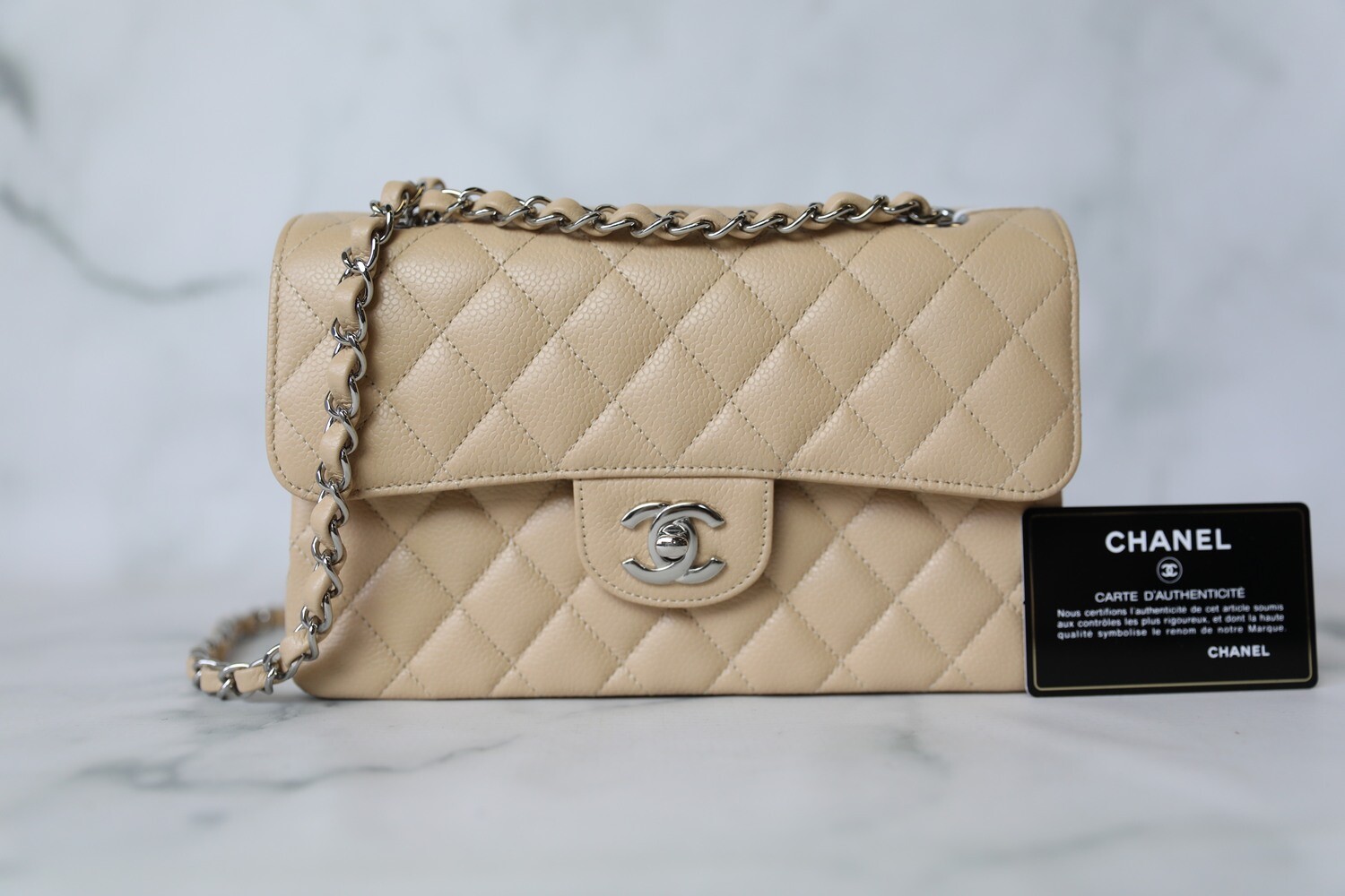 Chanel Classic Small, Beige Caviar with Silver Hardware, Preowned in  Dustbag WA001