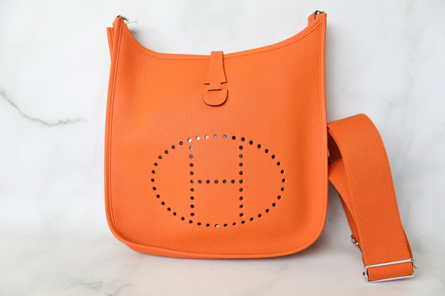 Hermes Evelyne PM III, Orange Leather with Palladium Hardware, Preowned in Box WA001