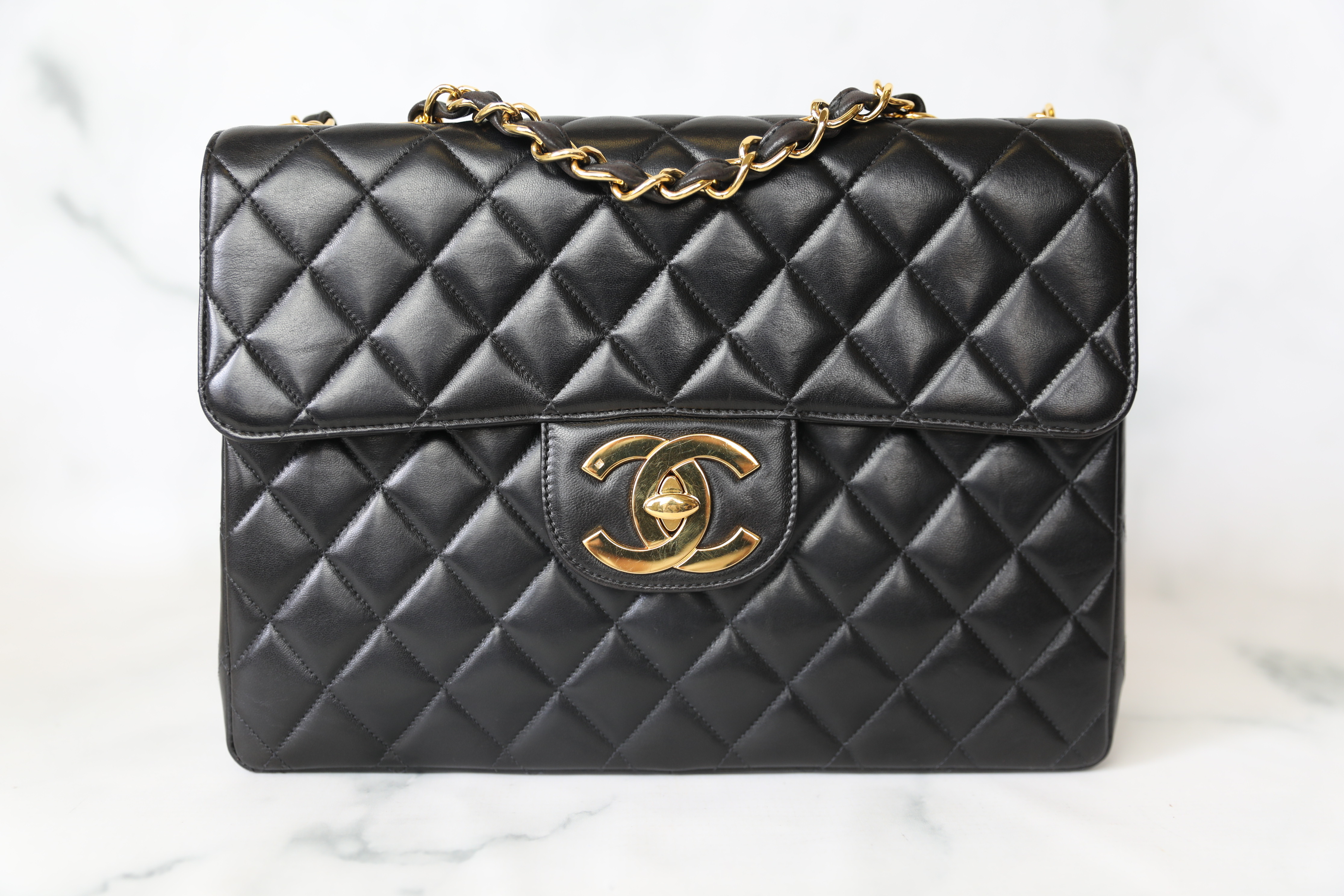 Chanel Vintage Jumbo, Black Lambskin with Gold Hardware, Preowned in Box  WA001