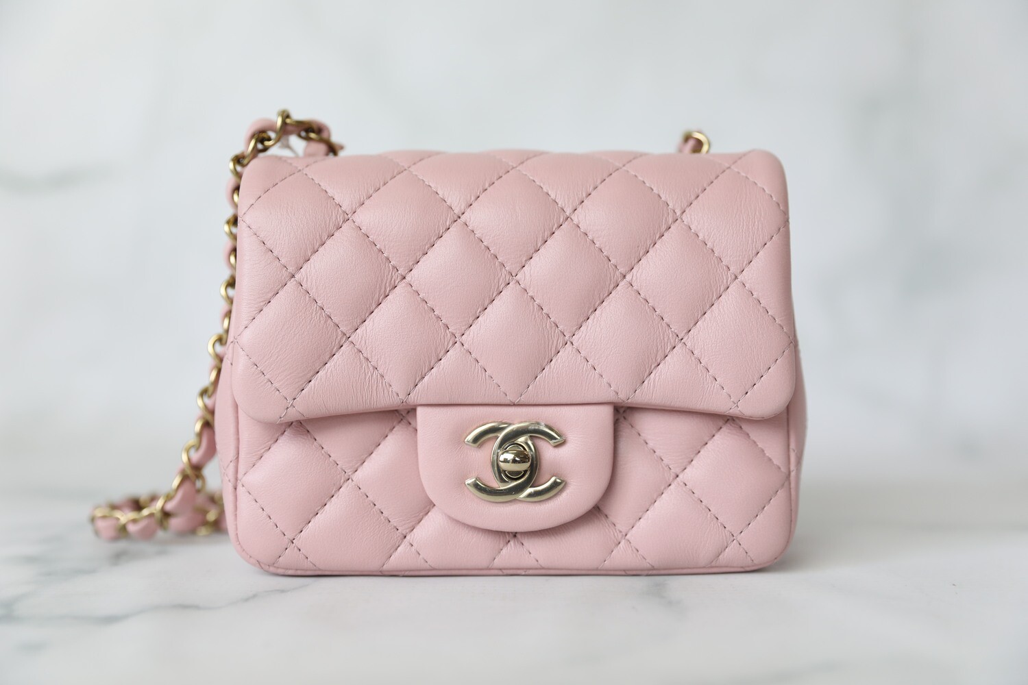 Chanel Classic Mini Square, Pink Calfskin with Gold Hardware, New