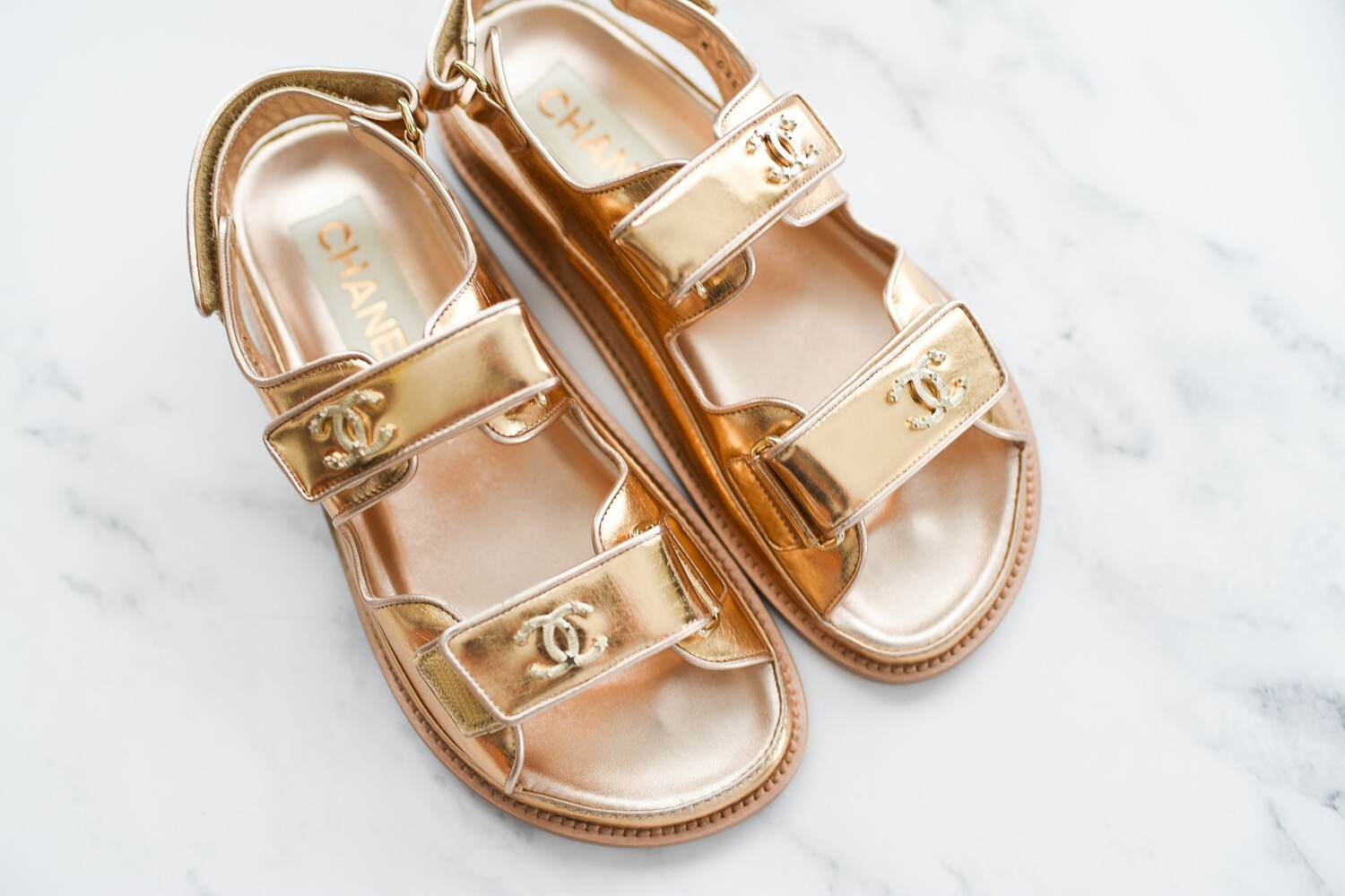 Chanel Shoes Dad Sandals Golden, Size 37, New in Box GA003