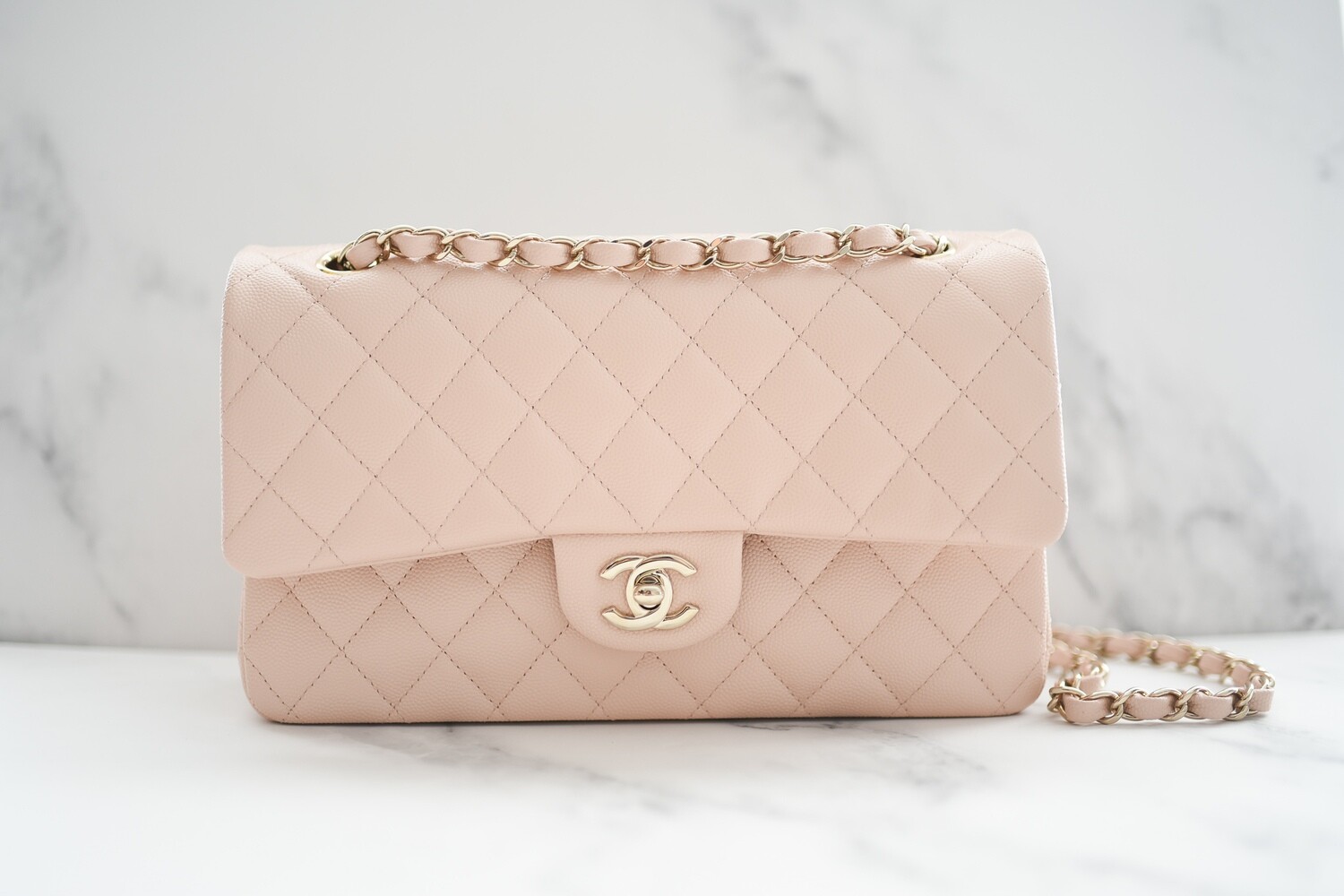 Chanel Classic Medium Double Flap, 22C Beige Caviar Leather, Gold Hardware, Like New in Box GA003