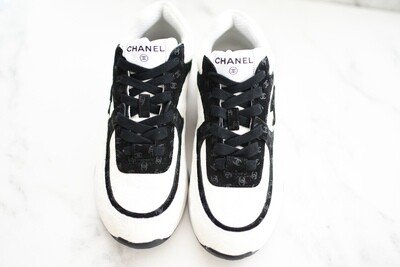 Chanel Black and White Suede Sneakers, Size 37, New in Box GA001