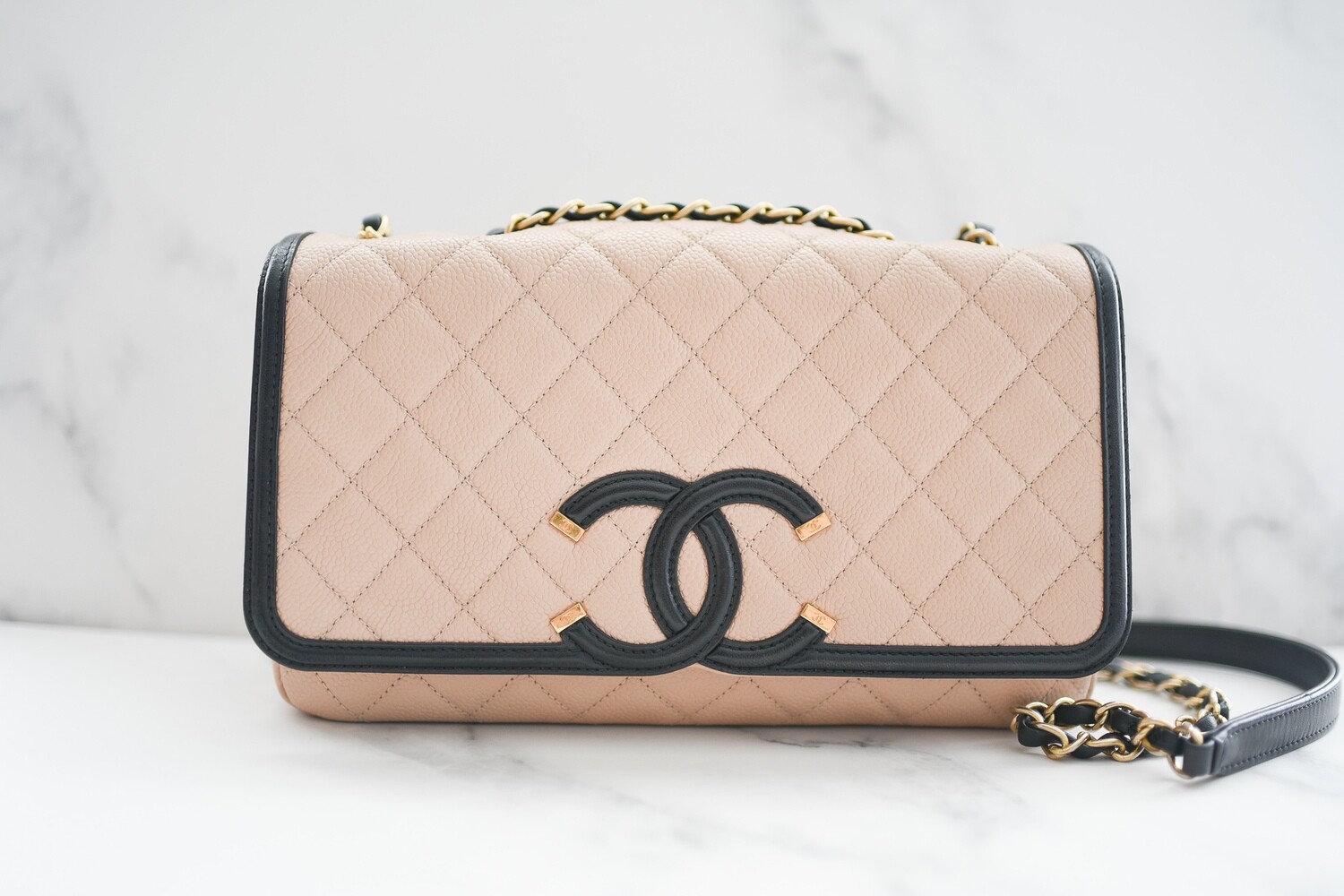 Chanel Filigree Medium Flap Bag, Beige Caviar Leather, Brushed Gold Hardware, Preowned in Dusbag GA002