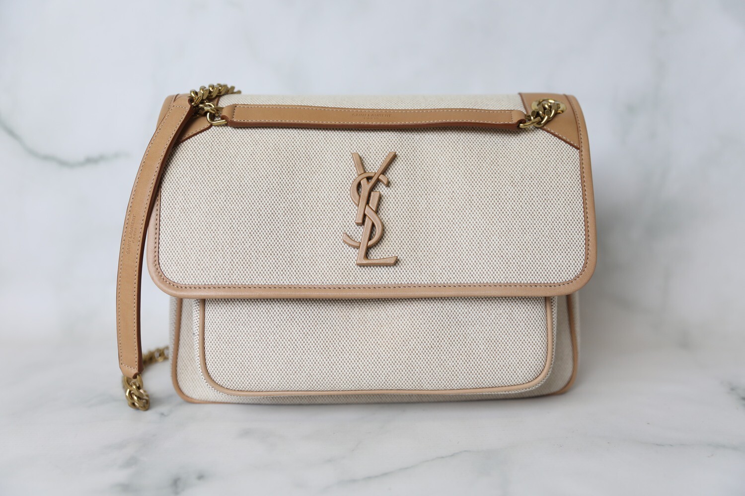 Saint Laurent Niki Medium, Beige Canvas with Tan Leather Trim, Preowned in Dustbag WA001