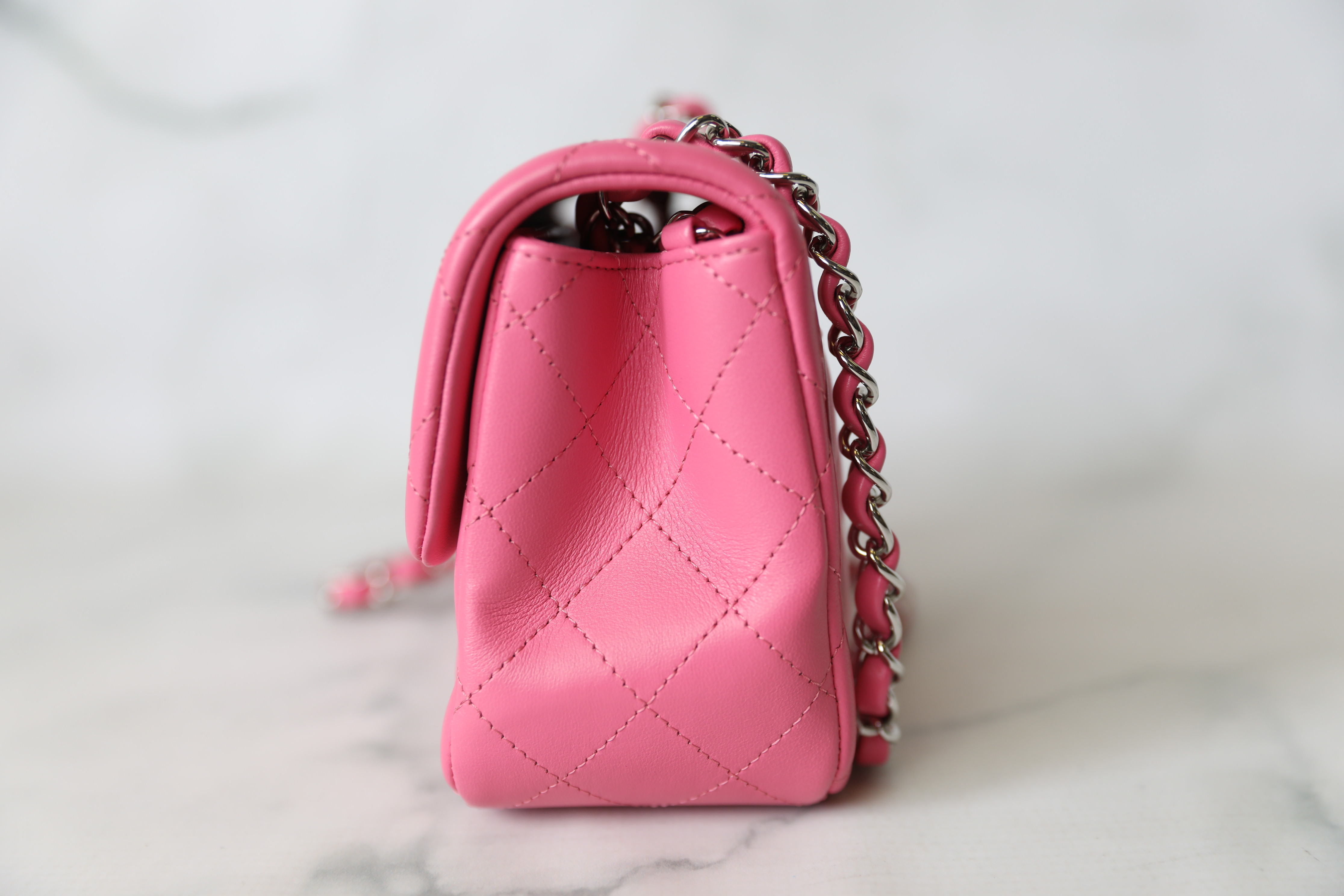 Chanel Classic Mini Square, 19C Pink Lambskin with Silver Hardware,  Preowned in Box WA001
