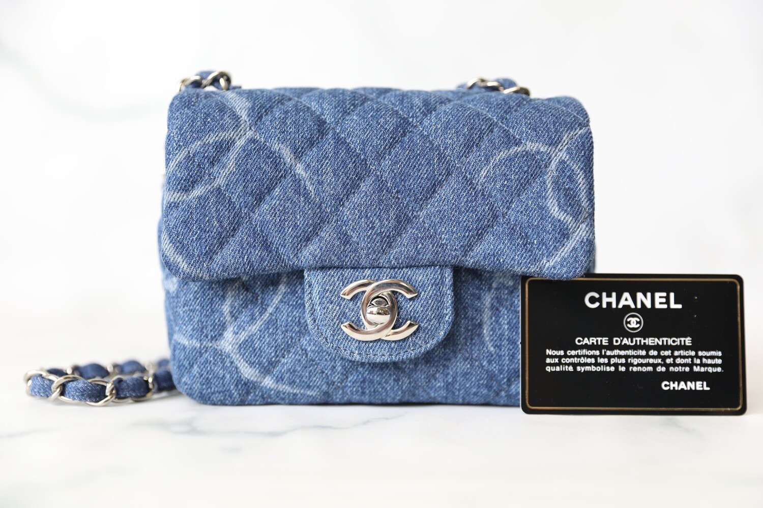 Chanel 2022 Pearl Crush Denim Mini Square Flap Bag - Blue