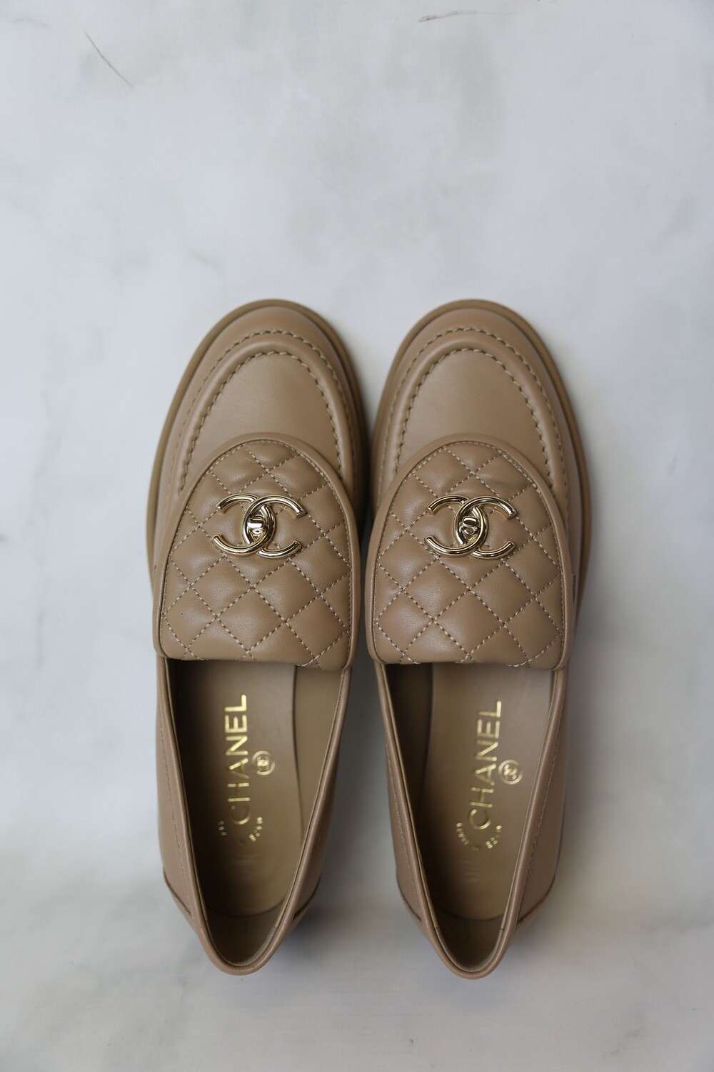 Chanel Shoes Turnlock Loafers, Biege, Size 37.5, New in Box