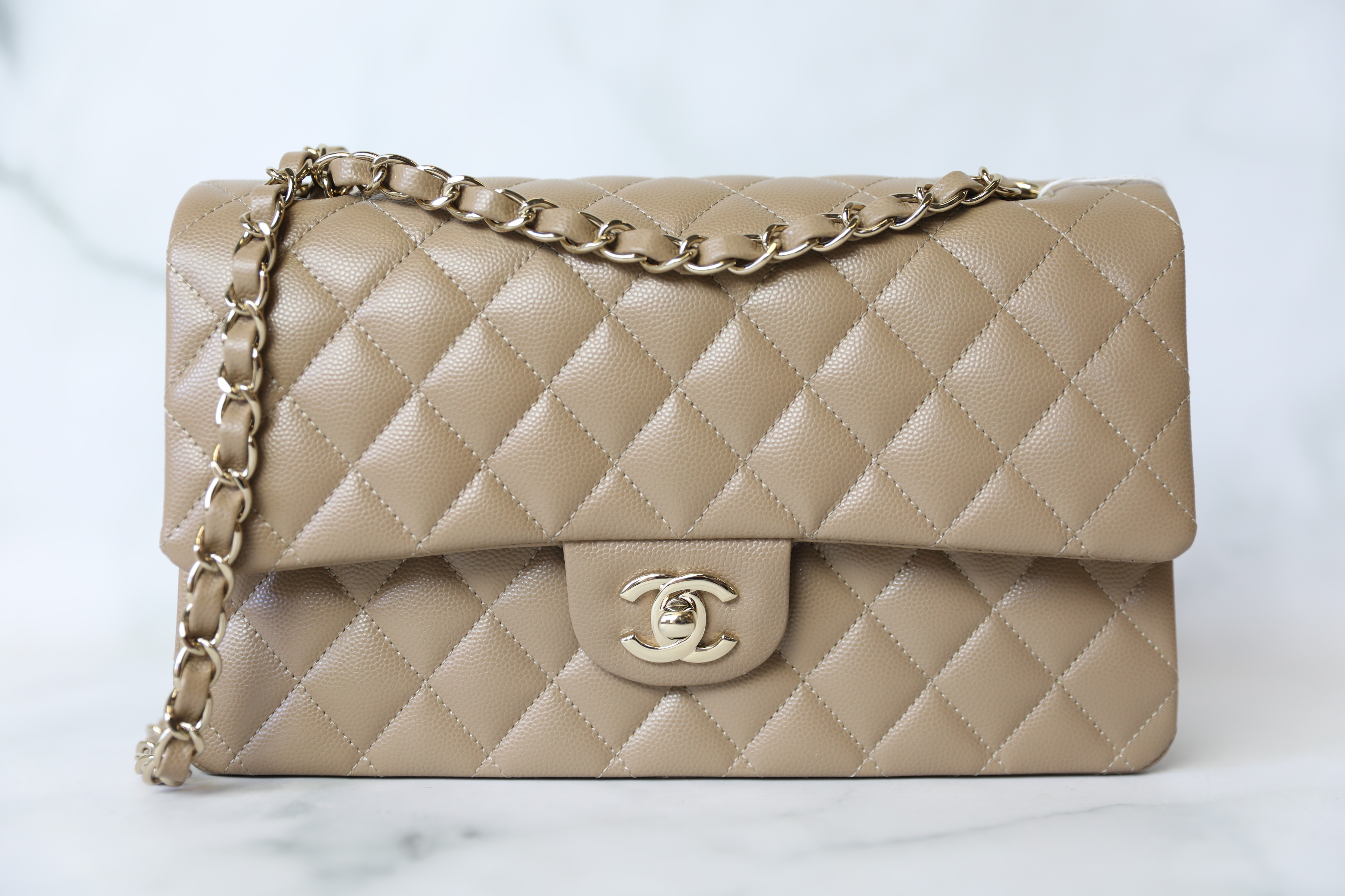 Chanel Classic Medium Double Flap, 22A Dark Beige Caviar Leather with Gold  Hardware, Preowned in Box WA001